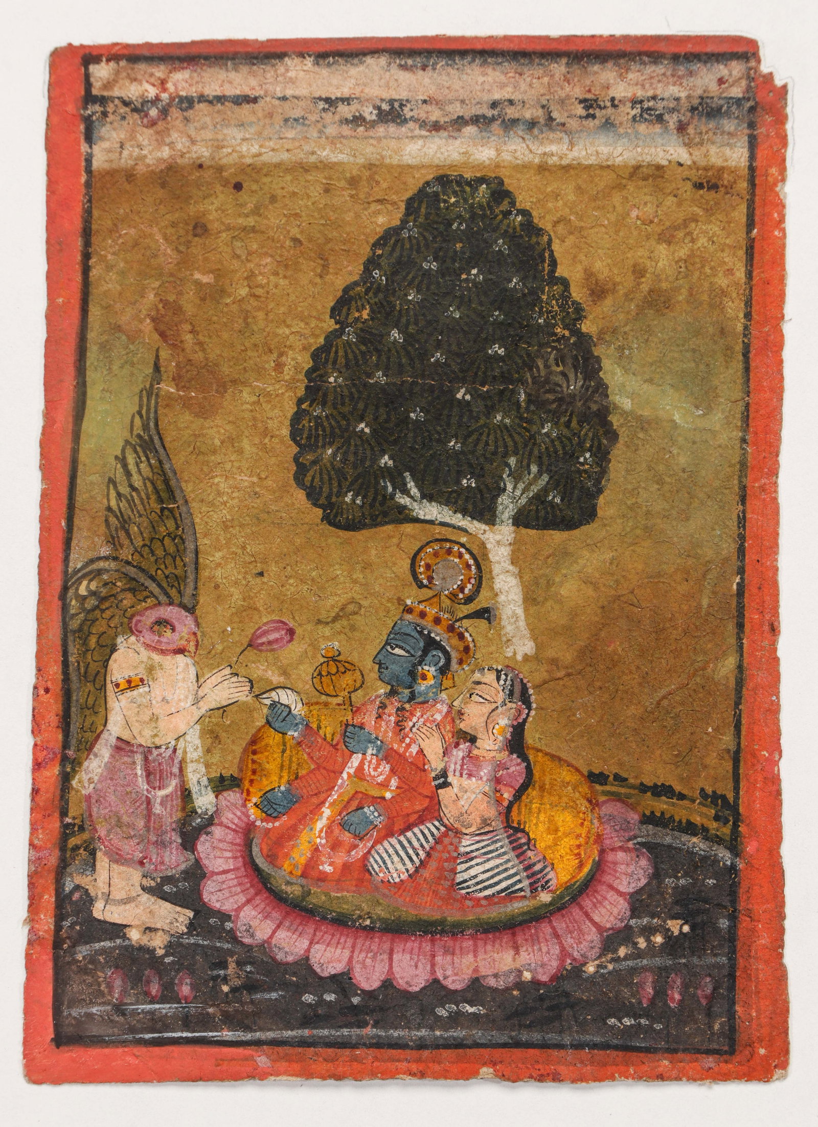 Pahari Folk Painting of Vishnu and Lakshmi On The Cosmic Lotus, Rajasthan or Western India, Late: Pahari Folk Painting of Vishnu and Lakshmi on the Cosmic Lotus, Attended By Garuda, Rajasthan or Western India, Late 18th - Early 19th C. Opaque watercolor on paper. Size: 5.25'' x 3.75'', 13 x 10 cm 