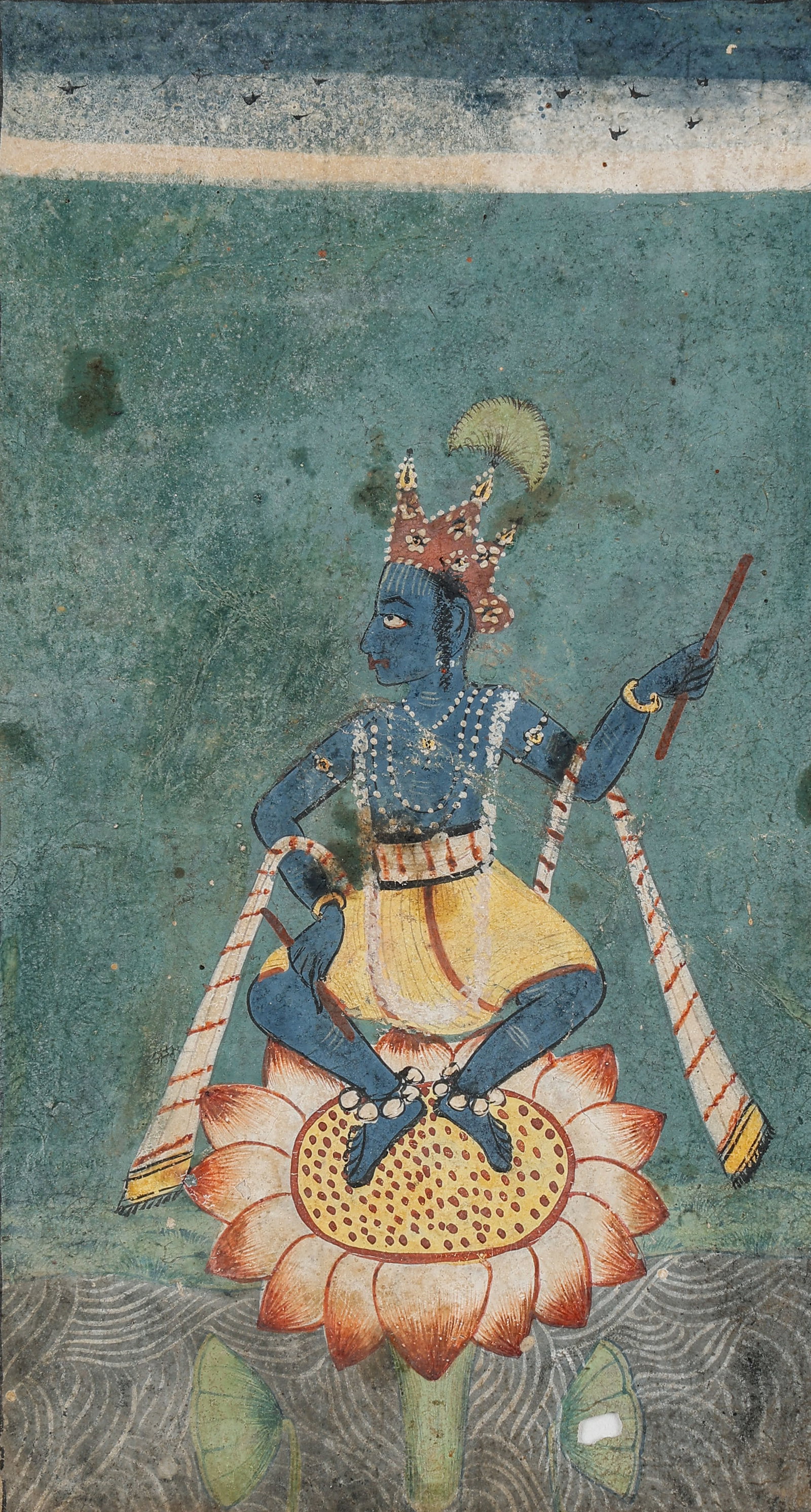 Indian Pahari Miniature Painting Of Vishnu On Lotus, Late 18th-Early 19th C.: Indian Pahari Miniature Painting Of Vishnu On Lotus, Late 18th-Early 19th C. Size: 7'' x 4.25'', 18 x 11 cm (sheet); 14'' x 11'', 36 x 28 cm (mat). Indian miniature painting depicting the Hindu deity 