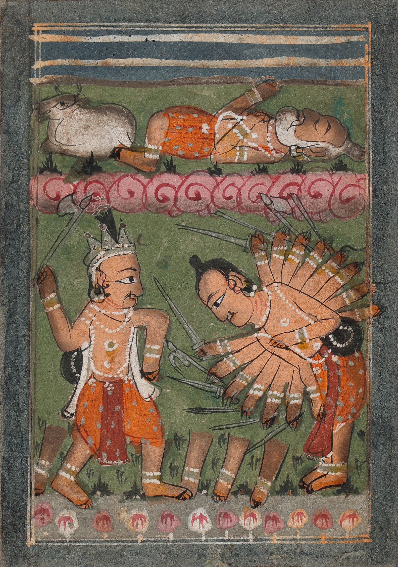 Indian Miniature Painting Of Parashurama And Rama With Kamadhenu (Sabala), Late 18th-Early 19th C.: Indian Miniature Painting Of Parashurama And Rama With Kamadhenu (Sabala), Late 18th-Early 19th C. Size: 4.75'' x 3'', 12 x 8 cm (sheet); 10'' x 8'', 25 x 20 cm (mat). A Western Indian manuscript pain