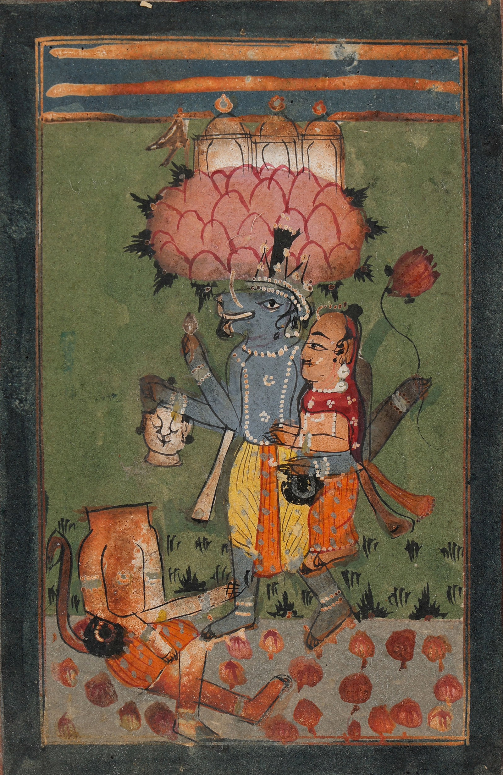 Rajput Folk Painting Of Varaha Rescuing Bhudevi, Rajasthani/Western India, C. 1780-1830: Indian Miniature Painting, Vishnu As Varaha Rescuing Bhudevi, Rajasthani/Western India, C. 1780-1830. Size: 5'' x 3'', 13 x 8 cm (sheet); 10'' x 7.75'', 25 x 20 cm (mat). A small-format devotional min