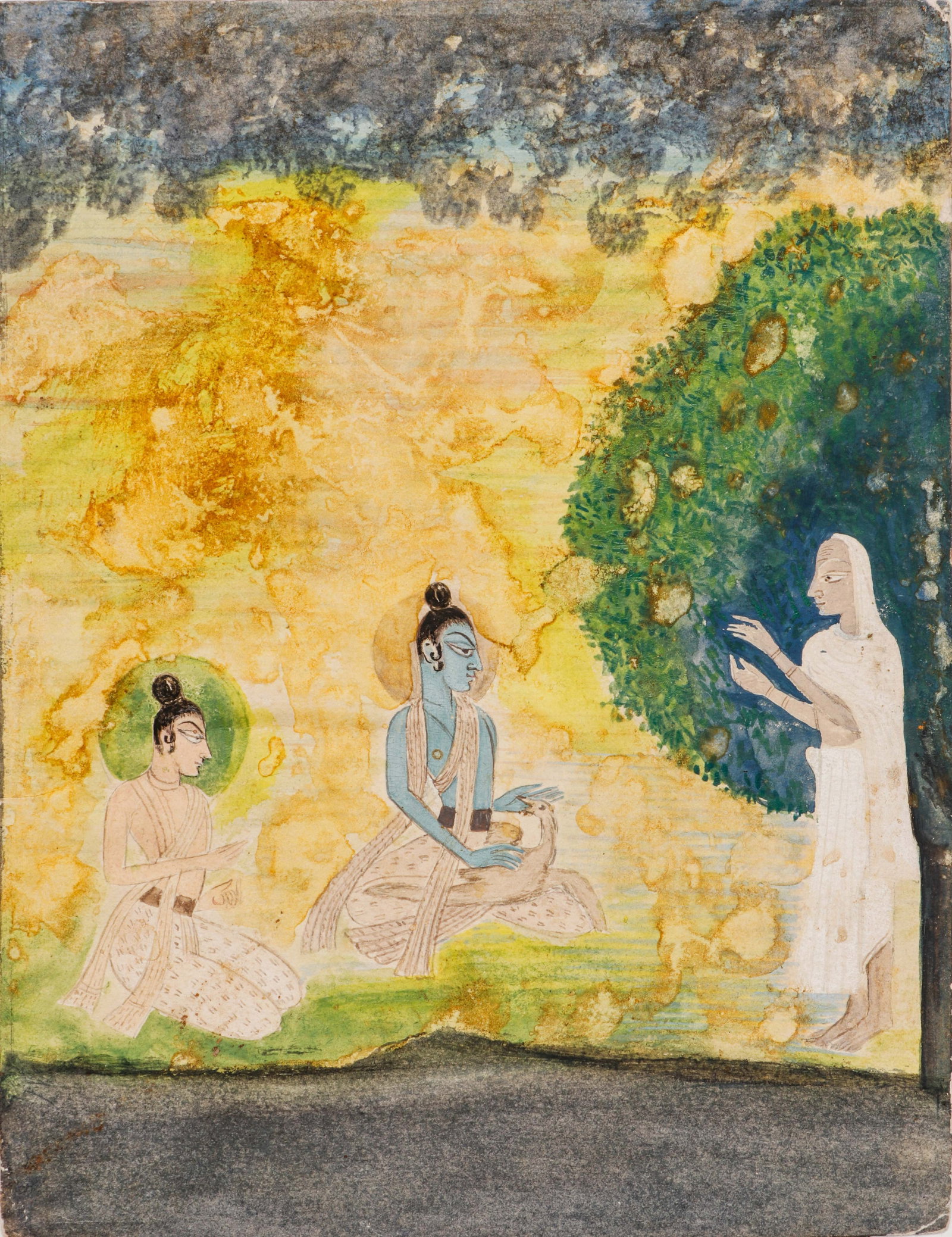 Indian Miniature Painting Of Krishna Receiving A Devotee, 18th/19th C.: Indian Miniature Painting Of Krishna Receiving A Devotee, 18th/19th C. Size: 8.5'' x 6.75'', 22 x 17 cm (sheet); 14'' x 11'', 36 x 28 cm (mat). An Indian miniature painting depicting the Hindu deity K
