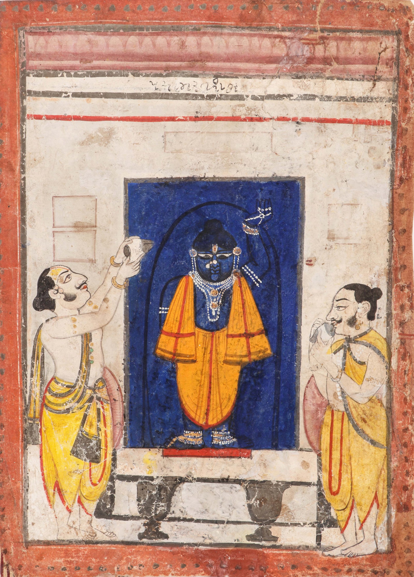 Antique Nathdwara School Shrinathji Krishna Miniature Painting, Rajasthan India, C. Late 19th C.: Antique Nathdwara School Shrinathji Krishna Miniature Painting, Rajasthan India, C. Late 19th C. Opaque watercolor on paper. Size: 12.25'' x 9'', 31 x 23 cm (sheet); 17'' x 14'', 43 x 36 cm (mat). A d