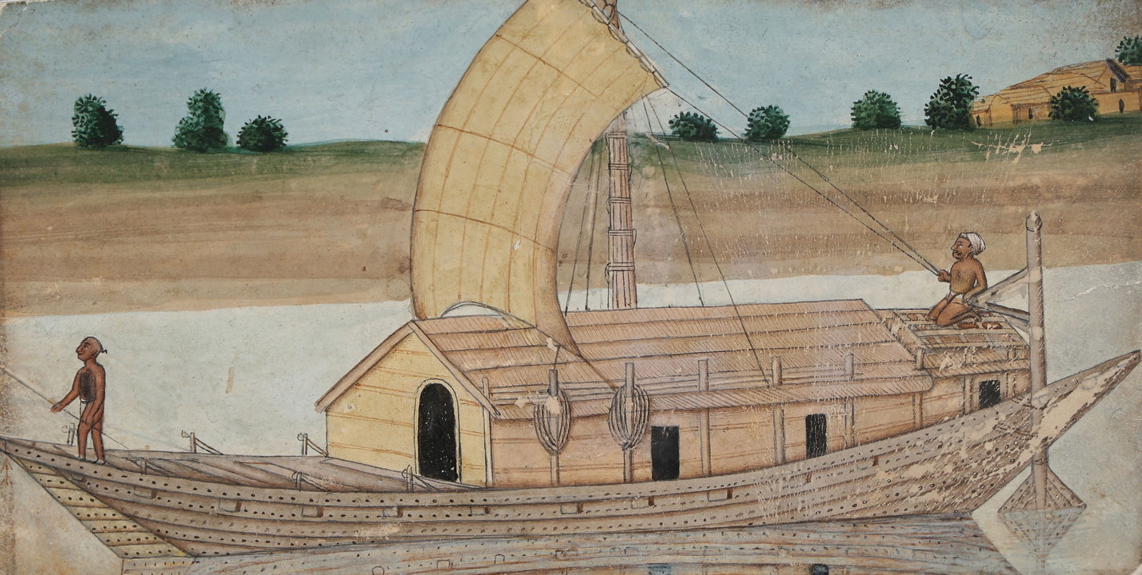 Indian Company School Miniature Painting Of River Vessel, Bengal, Early-Mid 18th C.: Indian Company School Miniature Painting Of River Vessel, Bengal, Early-Mid 18th C. Size: 2.25'' x 4.25'', 6 x 11 cm (sheet); 7.75'' x 9.75'', 20 x 25 cm (mat). A Indian miniature painting depicting a