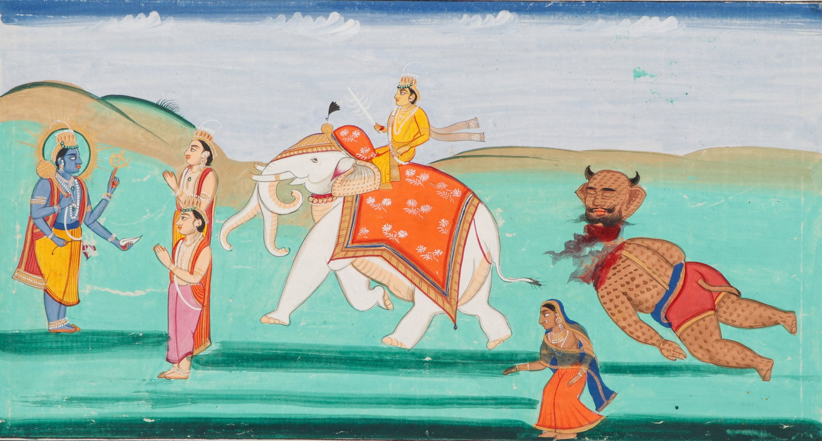 Indian Miniature Painting Of Krishna Receiving Homage, Rajasthan (Jaipur), Mid-Late 19th C.: Indian Miniature Painting Of Krishna Receiving Homage From Indra, Rajasthan (Jaipur), Mid-Late 19th C. Size: 7.5'' x 12.25'', 19 x 31 cm (sheet); 11.75'' x 16'', 30 x 41 cm (mat). Opaque watercolor on