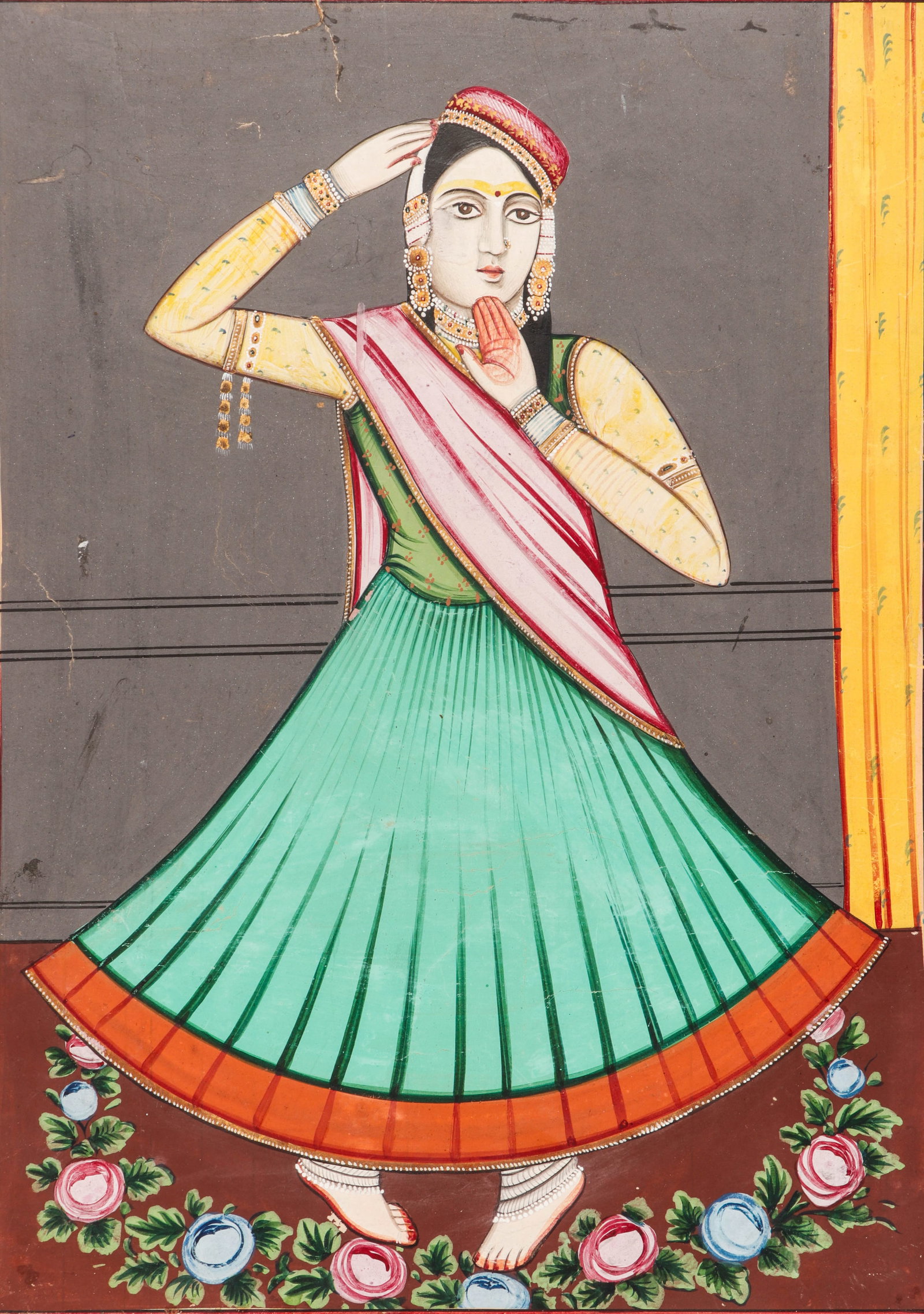 Indian Miniature Painting Of A Nauch Dancing Girl, Rajasthan, Late 19th/Early 20th C.: Indian Miniature Painting Of A Nauch Dancing Girl, Rajasthan, Late 19th/Early 20th C. Size: 13.5'' x 9.75'', 34 x 25 cm (sheet); 17'' x 14'', 43 x 36 cm (mat). Opaque watercolor on paper. On mat.