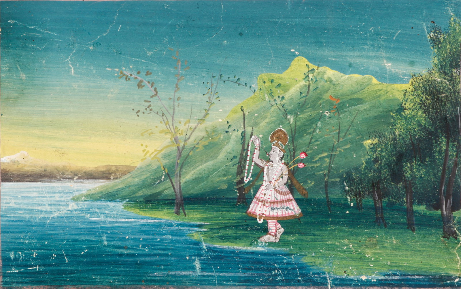 Pahari School Miniature Painting Krishna Greeting the Yamuna River Goddess, Late 19th - Early 20th: Pahari School Miniature Painting Krishna Greeting the Yamuna River Goddess, Late 19th - Early 20th C. Opaque watercolor on paper. Size: 7.25'' x 10.5'', 18 x 27 cm (sheet); 12'' x 16'', 30 x 41 cm (ma
