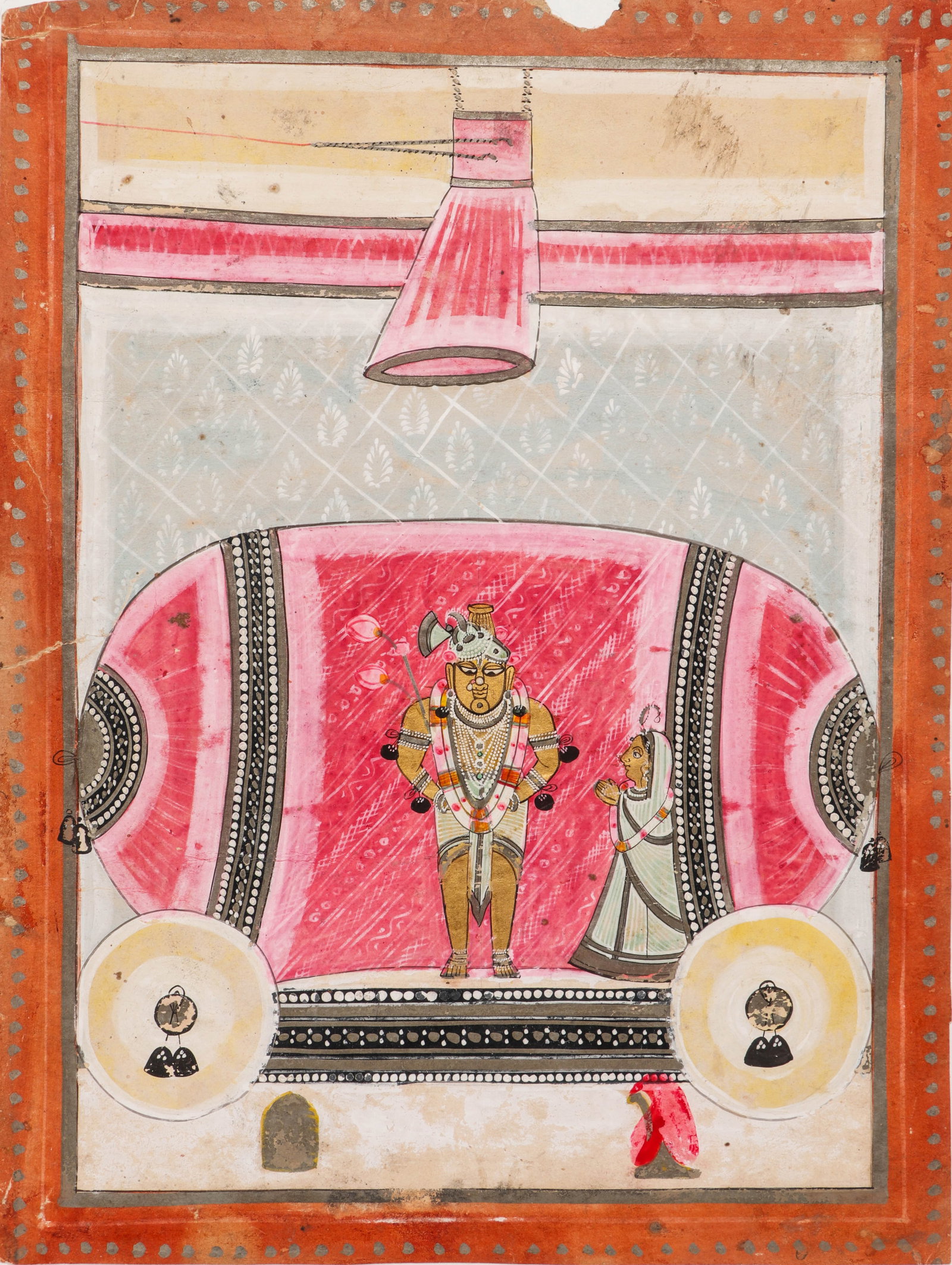 Nathdwara Painting Of Shrinathji In Pink Shrine Interior, Late 19th - Early 20th C.: Nathdwara Painting Of Shrinathji In Pink Shrine Interior, Late 19th - Early 20th C. Opaque watercolor on paper. Size: 12.75'' x 9.75'', 32 x 25 cm (sheet); 17'' x 14'', 43 x 36 cm (mat). A devotional 