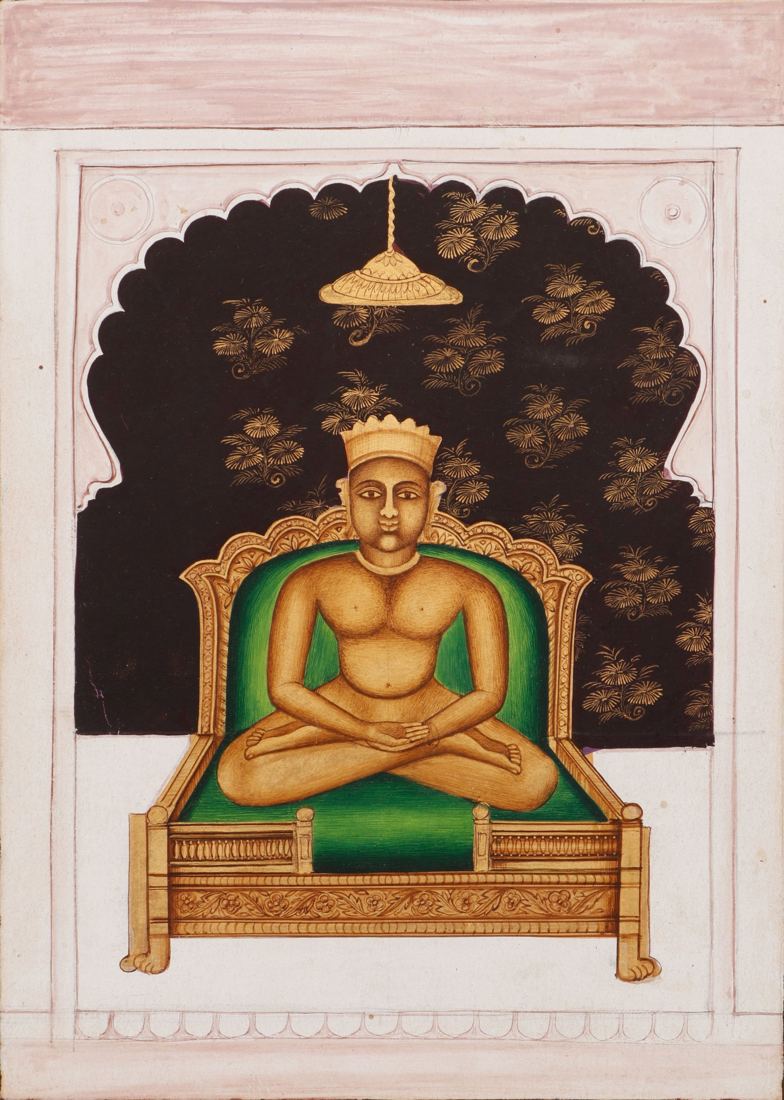 Jain Devotional Portrait Of Seated Tirthankara, Western India, Late 19th-Early 20th C.: Jain Devotional Portrait Of Seated Tirthankara, Western India, Late 19th-Early 20th C. Opaque watercolor on paper. Size: 8'' x 6'', 20 x 15 cm (sheet); 14'' x 11'', 36 x 28 cm (mat). The nude figure, 