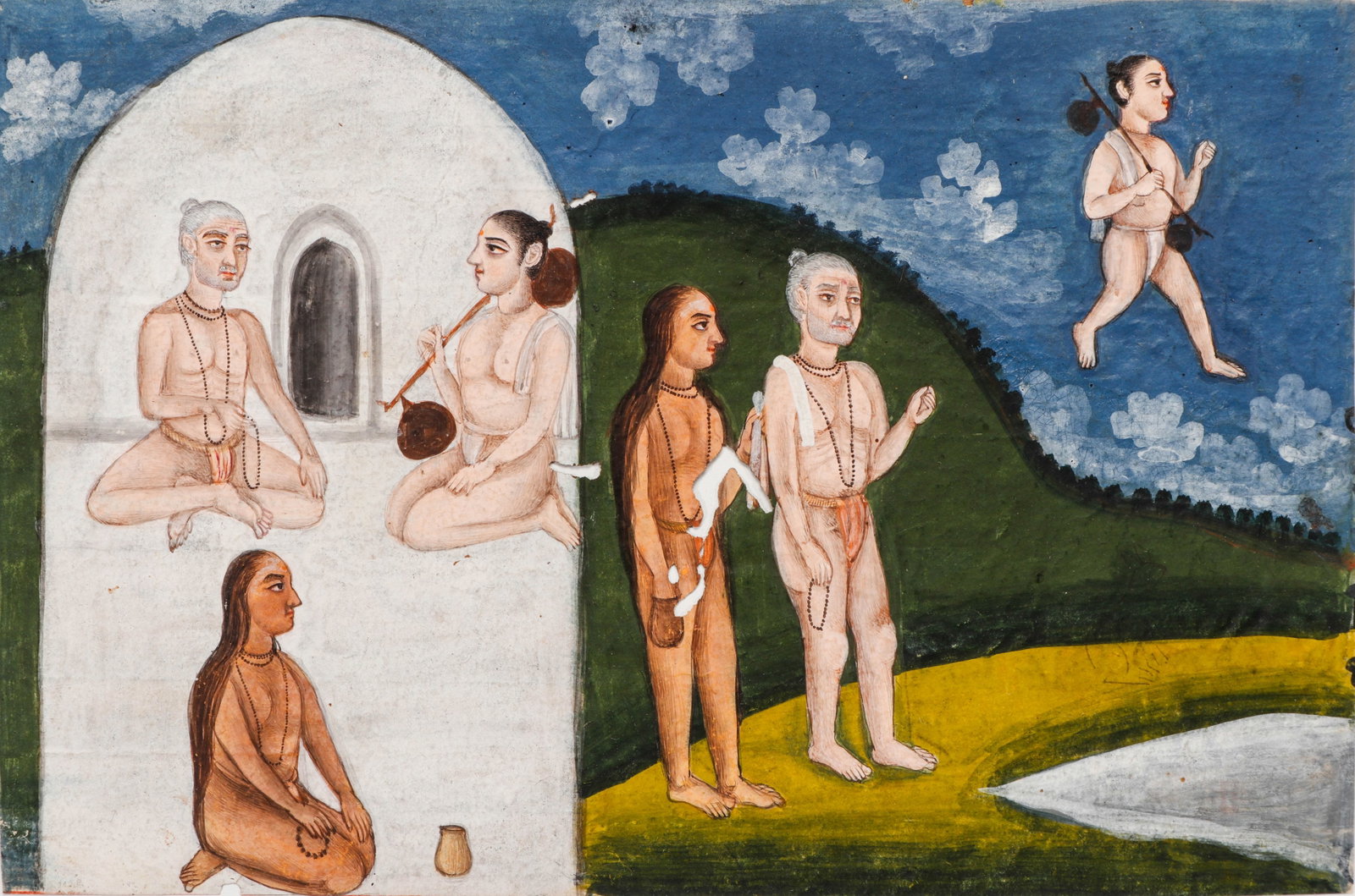 Indian Ascetic Narrative Manuscript Painting With Devanagari Text Verso, Rajasthan, Late 18th-Early: Indian Ascetic Narrative Manuscript Painting With Devanagari Text Verso, Rajasthan, Late 18th-Early 19th C. Size: 4.5'' x 6.75'', 11 x 17 cm (sheet); 11'' x 14'', 28 x 36 cm (mat). A Indian manuscript