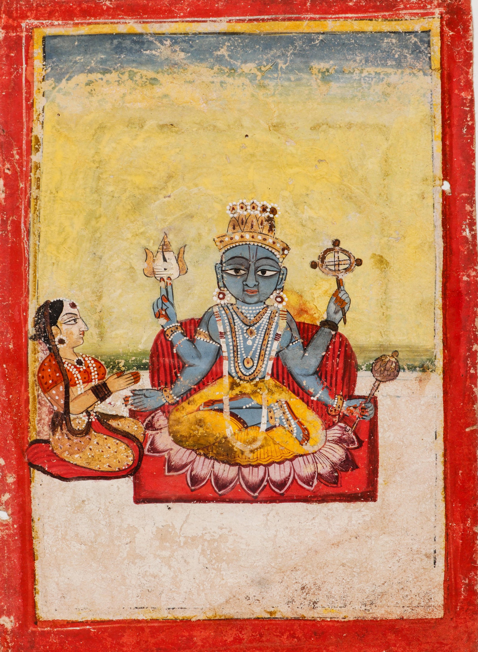 Indian Miniature Painting of Vishnu with Devotee, Rajasthan School, Late 18th- Early 19th C.: Indian Miniature Painting of Vishnu with Devotee, Rajasthan School, Late 18th - Early 19th C. Opaque watercolor on paper. Size: 8.25'' x 6'', 21 x 15 cm (sheet); 14'' x 11'', 36 x 28 cm (mat). Vishnu 