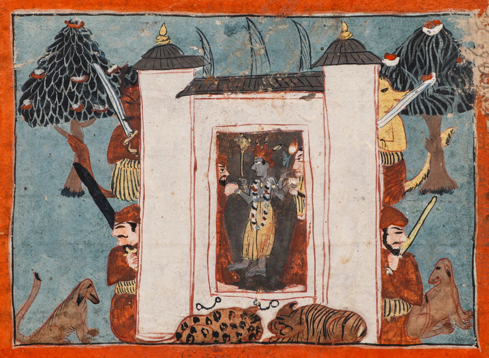 Indian Folk Painting Of Vishnu In A Temple, Rajasthan or Malwa Region, Late 18th-Early 19th C.: Indian Folk Painting Of Vishnu In A Temple, Rajasthan or Malwa Region, Late 18th-Early 19th C. Size: 6'' x 7.75'', 15 x 20 cm (sheet); 12'' x 9'', 30 x 23 cm (sheet). Opaque watercolor on paper. A Nor