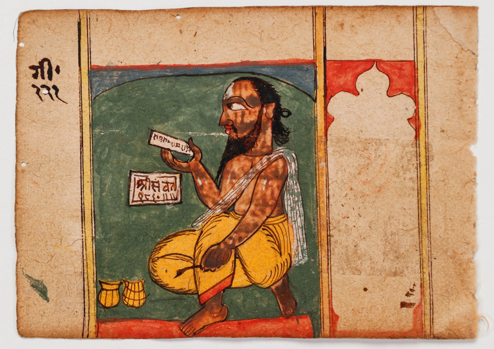 Jain Manuscript Painting Of Seated Monk With Sacred Text, Western India, Late 18th-Early 19th C.: Jain Manuscript Painting Of Seated Monk With Sacred Text, Western India, Late 18th-Early 19th C. Size: 3.5'' x 5'', 9 x 13 cm (sheet); 8'' x 10'', 20 x 25 cm (mat). A Jain manuscript painting in opaqu