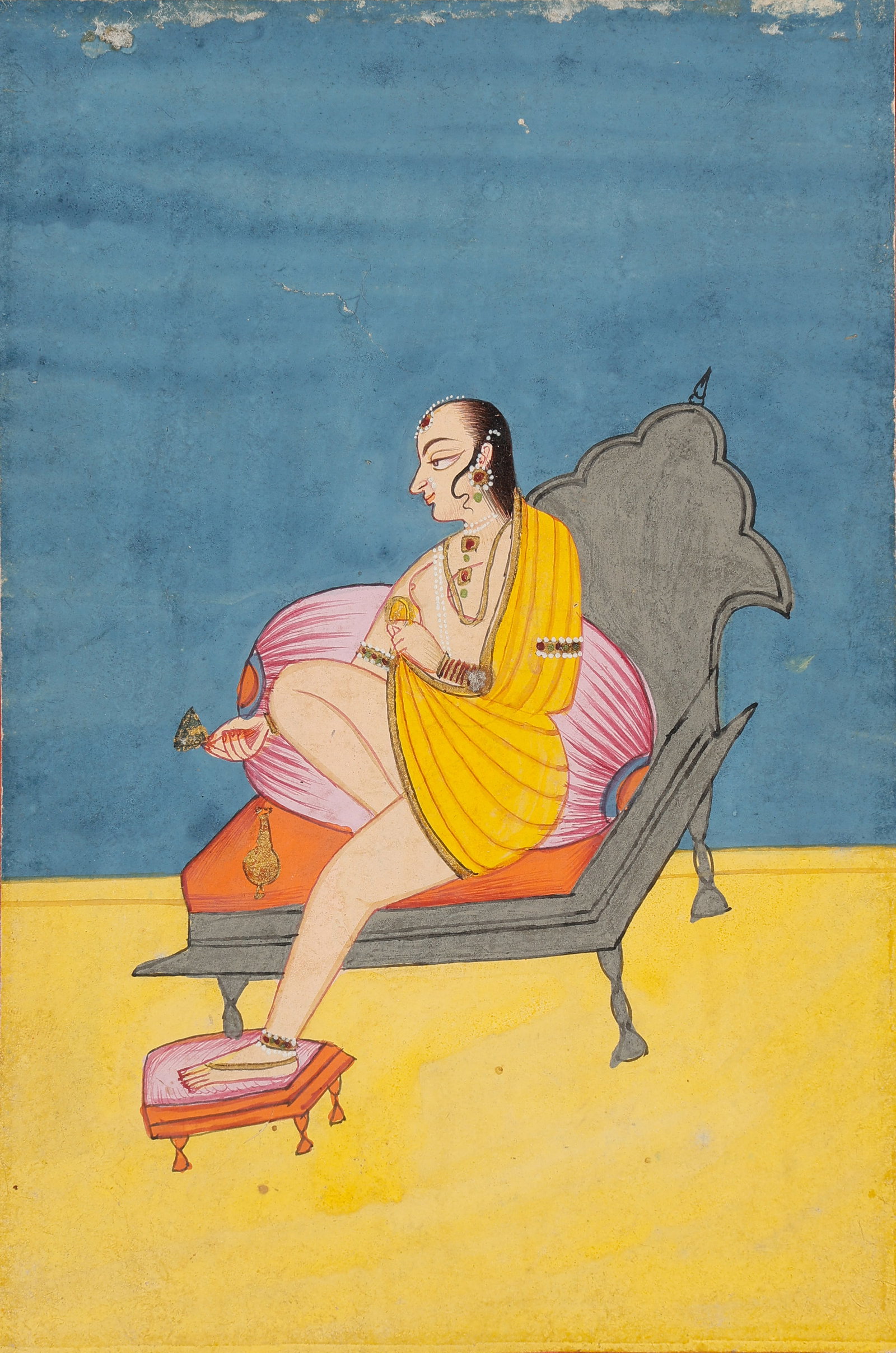 Indian Rajput Miniature Painting of a Court LadyRajasthan, Early-Mid 19th C.: Indian Rajput Miniature Painting of a Court LadyRajasthan, Early-Mid 19th C. Size: 6.75'' x 4.75'', 17 x 12 cm (sheet); 12'' x 9'', 30 x 23 cm (mat). A Indian miniature painting from the Jaipur (Rajas