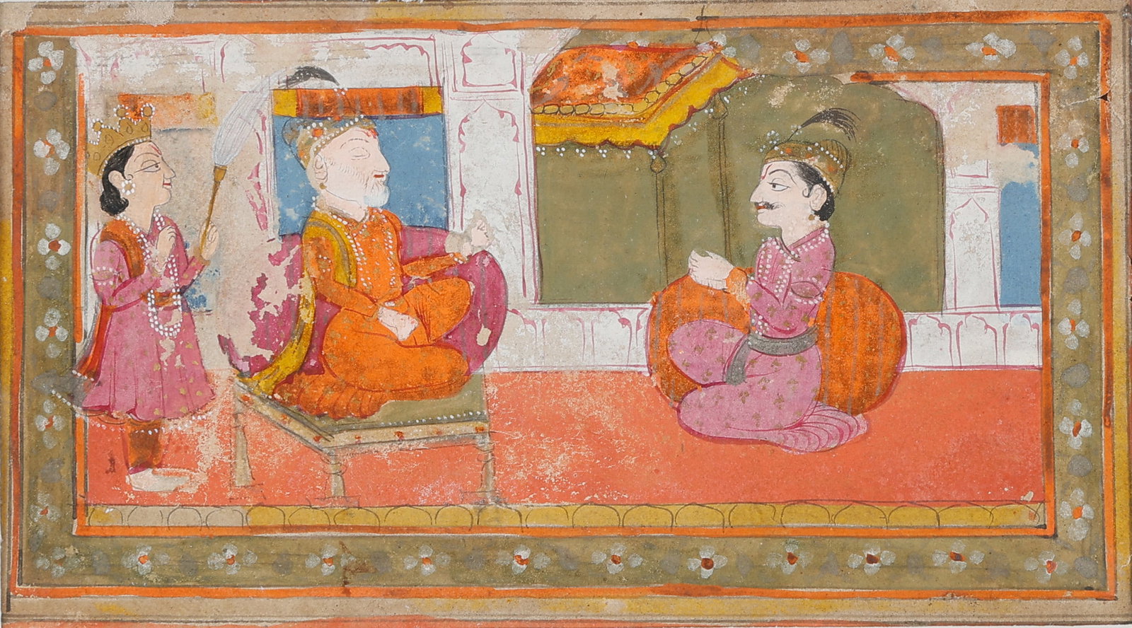 Indian Mughal Rajput Miniature Painting, Court Scene Noble Attendant Chauri, Late 18th/Early 19th C.: Indian Mughal Rajput Miniature Painting, Court Scene Noble Attendant Chauri, Late 18th/Early 19th C. Size: 4'' x 6.5'', 10 x 17 cm (sheet); 8.25'' x 9.75'', 21 x 25 cm (mat). Indian miniature painting