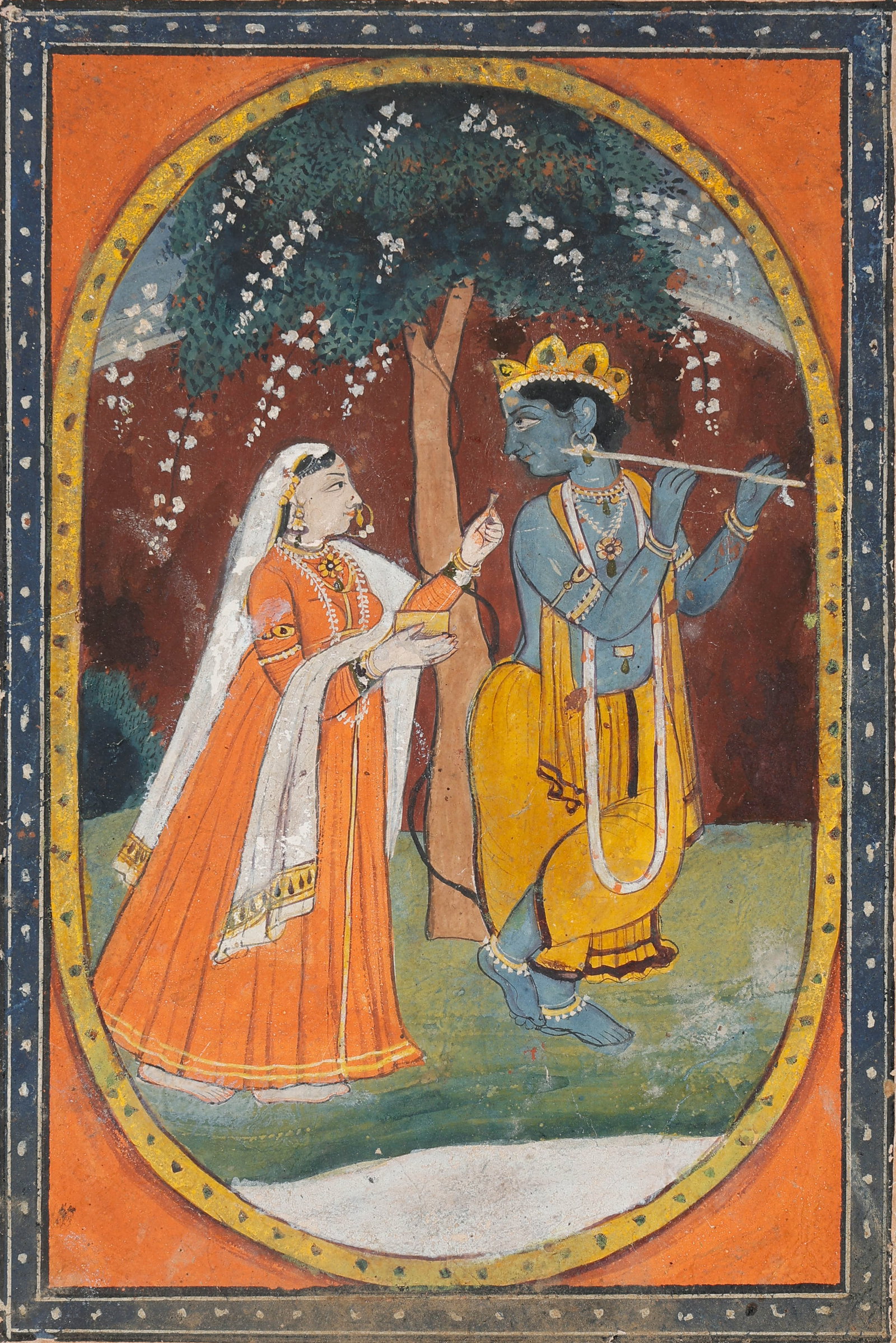 Indian Miniature Painting of Krishna and Radha Under a Flowering Tree, North India, 19th C.: Indian Miniature Painting of Krishna and Radha Under a Flowering Tree, North India, 19th C. Size: 8.5'' x 6'', 22 x 15 cm (sheet); 14'' x 11'', 36 x 28 cm (mat). A Indian miniature painting depicting 