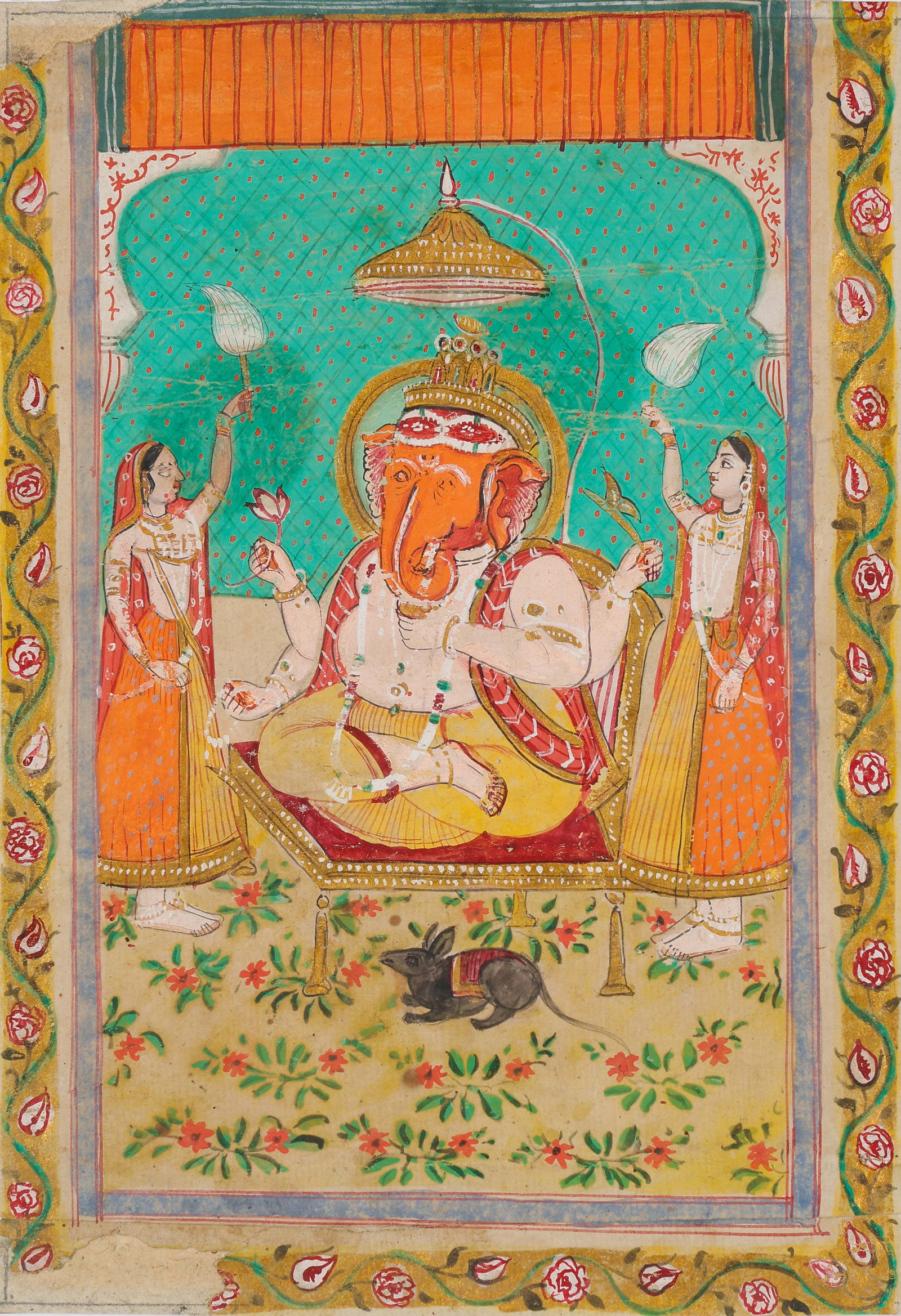 Indian Miniature Painting of Ganesha with Attendants, Rajasthan Jaipur School, Mid-Late 19th C.: Indian Miniature Painting of Ganesha with Attendants, Rajasthan Jaipur School, Mid-Late 19th C. Opaque watercolor and ink on paper. Size: 9.25'' x 6.5'', 23 x 17 cm (sheet); 16'' x 12'', 41 x 30 cm (m