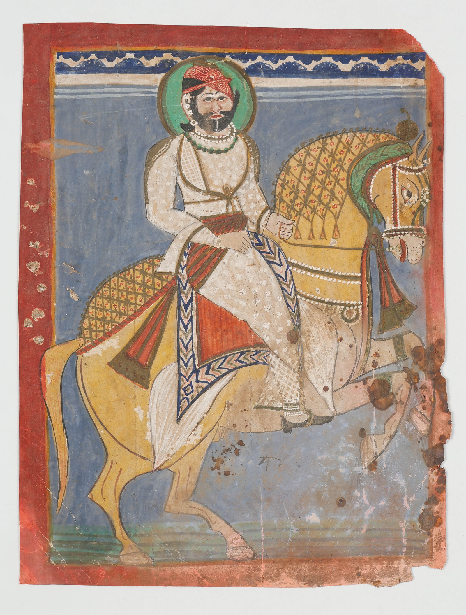 Rajput Equestrian Portrait of Nobleman, Rajasthan, Late 18th-Early 19th C.: Rajput Equestrian Portrait of Nobleman, Rajasthan, Late 18th-Early 19th C. Size: 11.75'' x 9'', 30 x 23 cm (sheet); 17'' x 14'', 43 x 36 cm (mat). Opaque watercolor and ink on paper depicting a Rajput