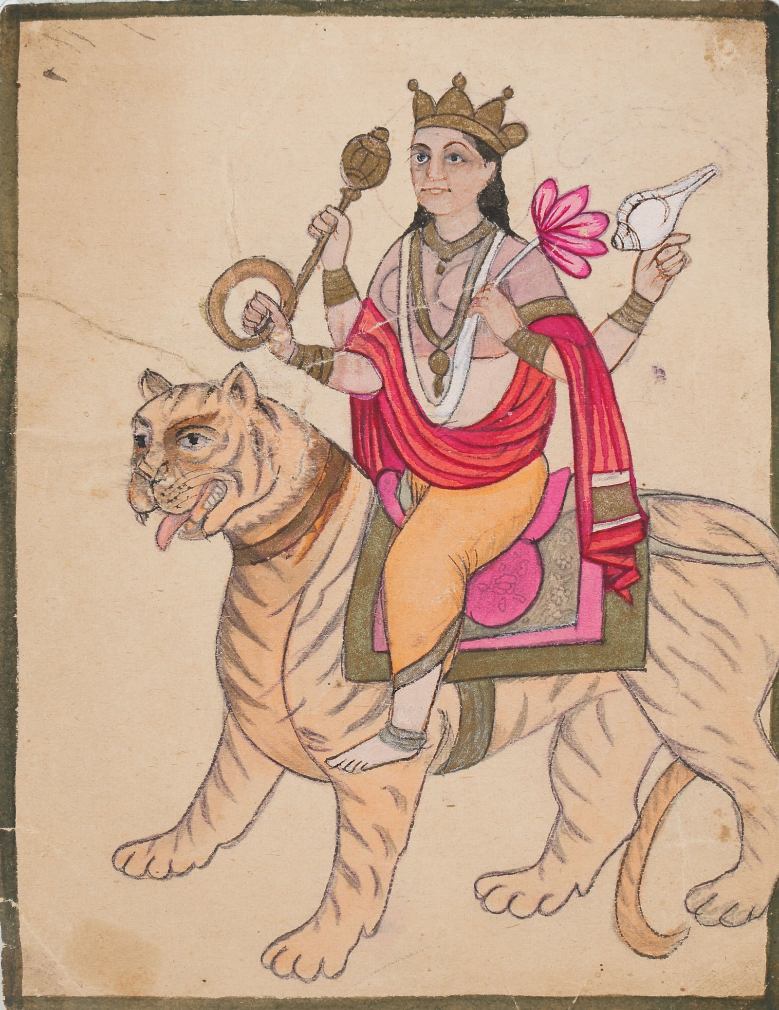 Indian Miniature Painting Of Goddess Durga On Tiger, Late 19th- Early 20th C.: Indian Miniature Painting Of Goddess Durga On Tiger, Late 19th- Early 20th C. Size: 6'' x 4.75'', 15 x 12 cm (sheet); 12'' x 9'', 30 x 23 cm (mat). A Indian miniature painting depicting the Hindu godd