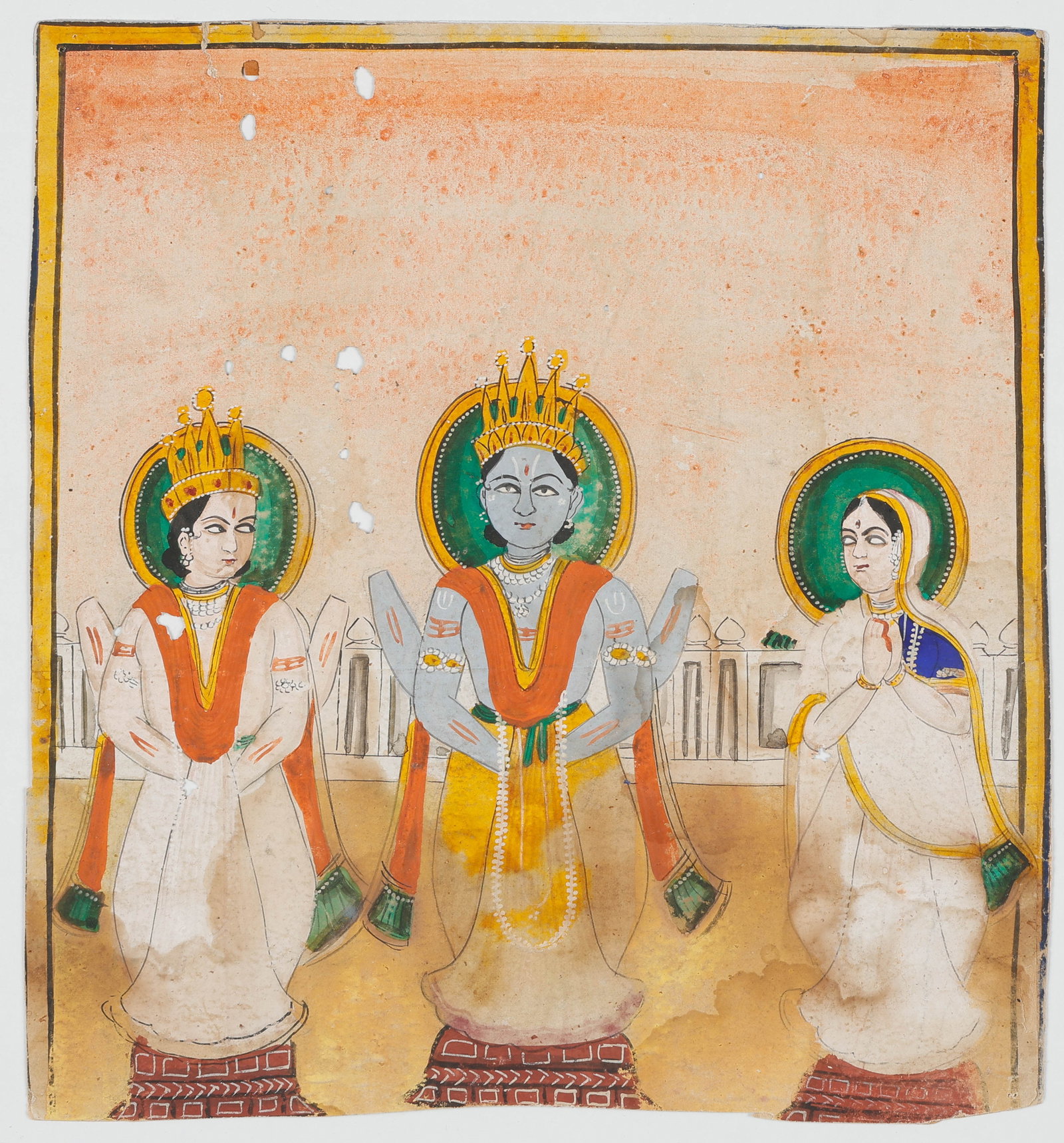 Indian Miniature Folk Painting Of Rama, Lakshmana, and Sita, Western India (Rajasthan or Gujarat),: Indian Miniature Folk Painting Of Rama, Lakshmana, and Sita, Western India (Rajasthan or Gujarat), Late 19th C. Size: 9.5'' x 8.75'', 24 x 22 cm (sheet); 17'' x 14'', 43 x 36 cm (mat). A devotional mi