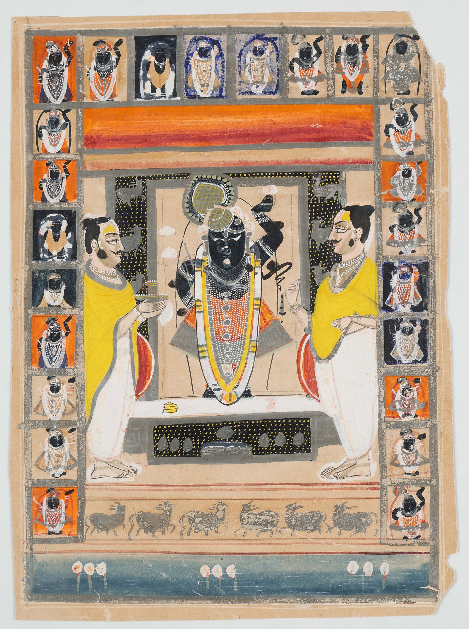 Nathdwara Shrinathji Krishna Devotional Painting W/ Attendants And Register Border, 19th C.: Nathdwara Shrinathji Krishna Devotional Painting W/ Attendants And Register Border, 19th C. Size: 12.25'' x 9'', 31 x 23 cm (sheet); 17'' x 14'', 43 x 36 cm (mat). Indian Nathdwara School painting dep