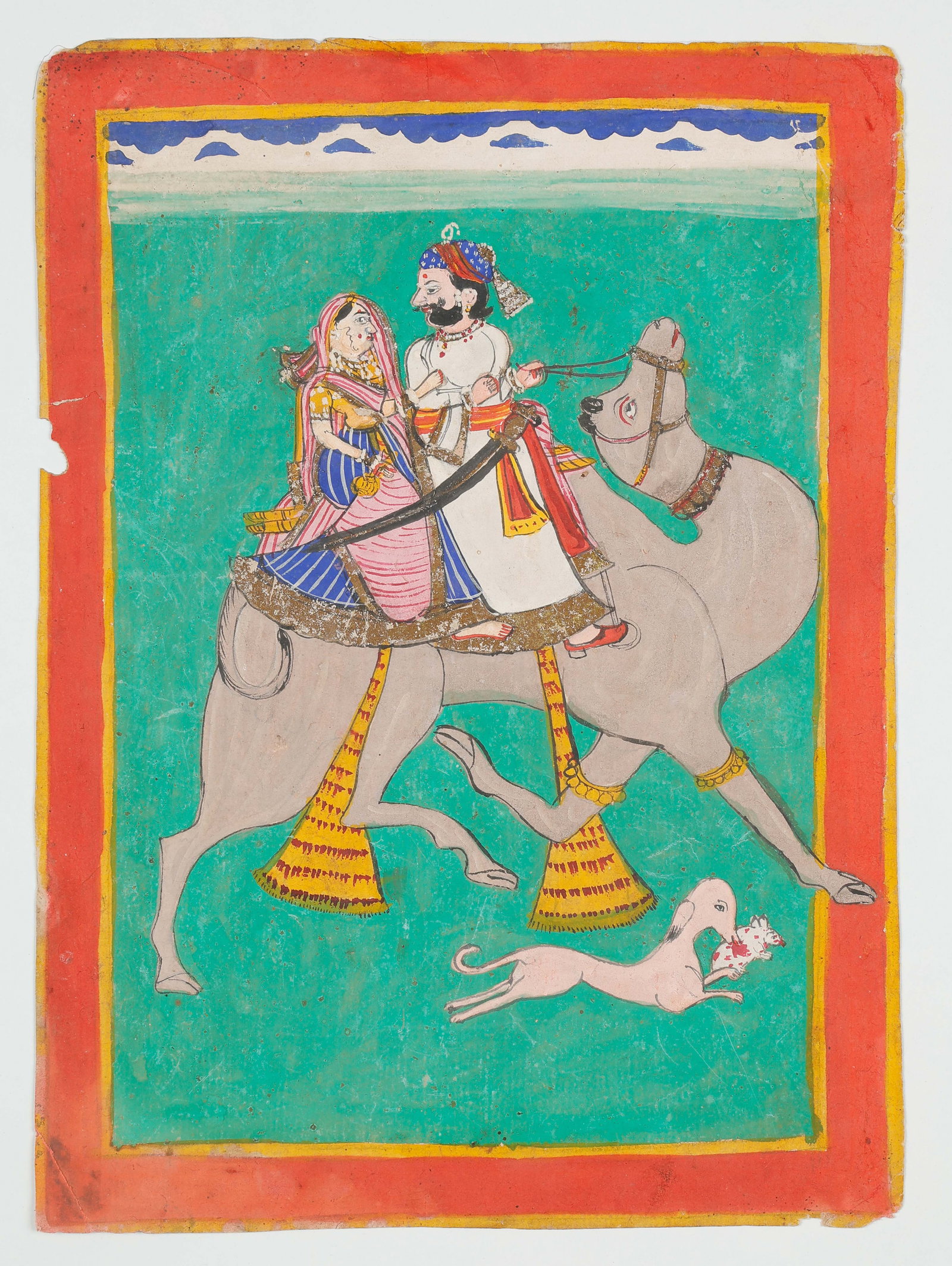 Rajasthani Miniature Painting of Royal Couple Riding A Camel, Late 19th C.: Rajasthani Miniature Painting of Royal Couple Riding A Camel, Late 19th C. Size: 13.5'' x 9.75'', 34 x 25 cm (sheet); 17'' x 14'', 43 x 36 cm (mat). A North Indian Rajasthani miniature painting, likel