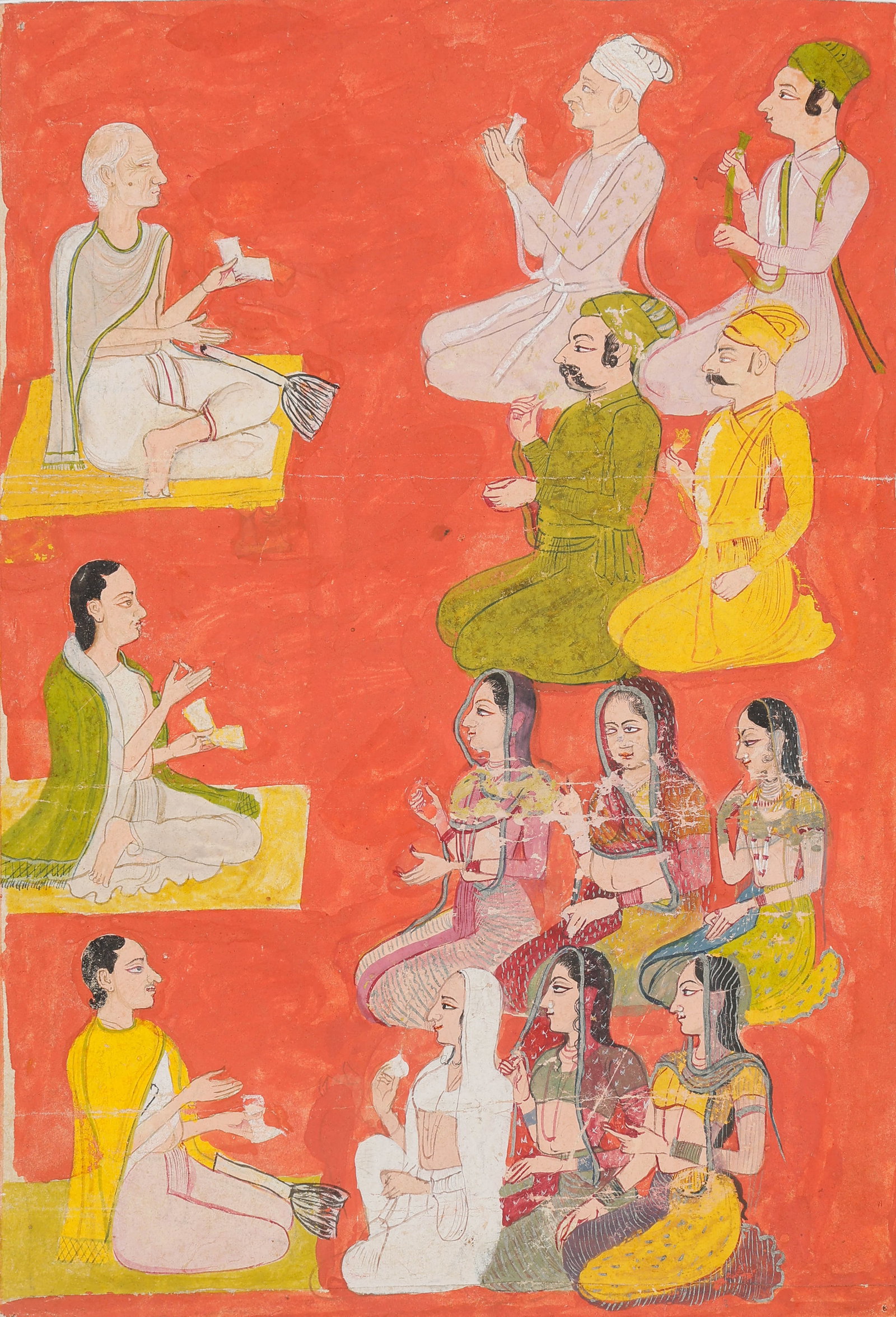 Indian Rajput School Devotional Painting of Ascetics and Devotees, Late 19th C.: Indian Rajput School Devotional Painting of Ascetics and Devotees, late 19th C. Size: 10'' x 7'', 25 x 18 cm (sheet); 16'' x 12'', 41 x 30 cm (mat). A North Indian devotional painting, likely Rajastha