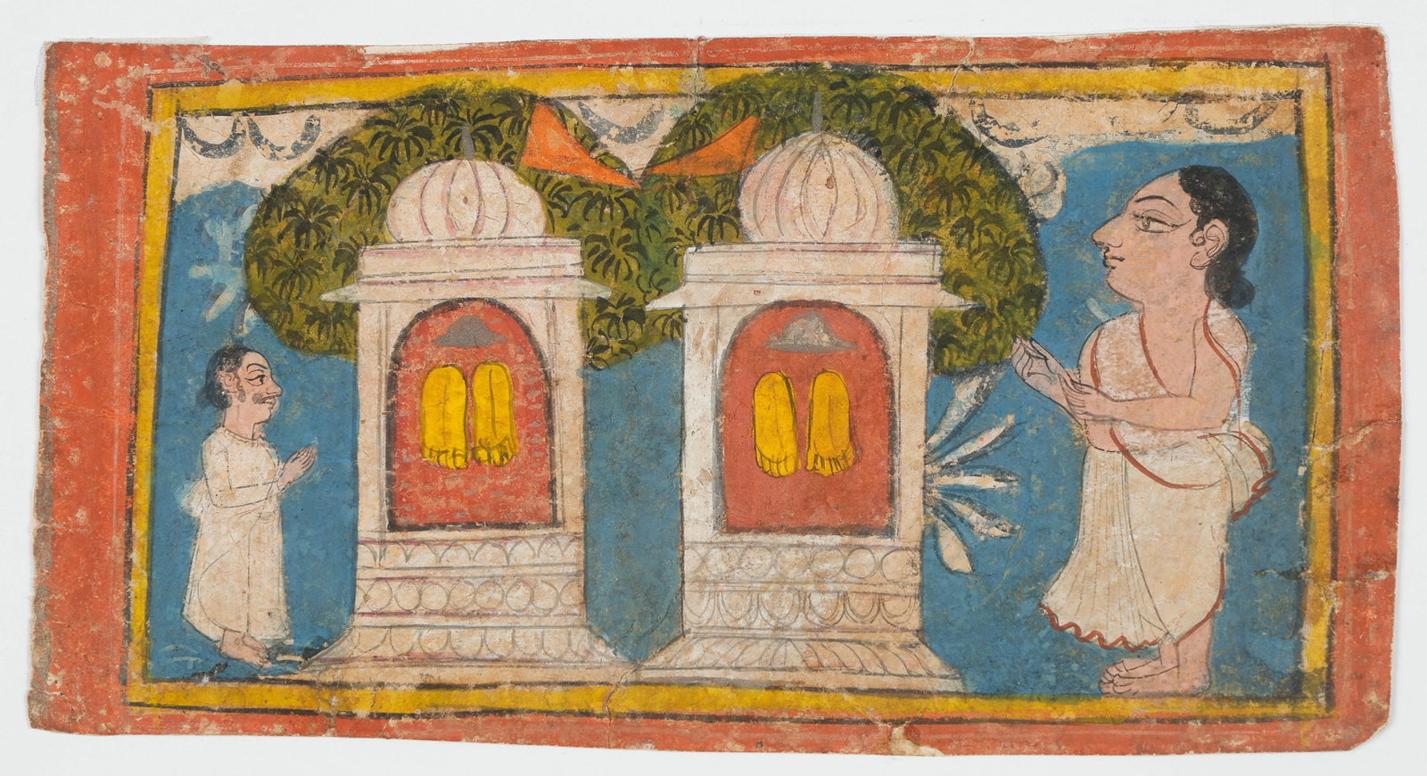 Indian Devotional Painting, Paduka Shrine Footprints Worship, Rajasthan Gujarat, Late 19th-Early: Indian Devotional Painting, Paduka Shrine Footprints Worship, Rajasthan Gujarat, Late 19th-Early 20th C. Size: 4'' x 7.5'', 10 x 19 cm (sheet); 9'' x 12'', 23 x 30 cm (mat). A 19th century Indian devo