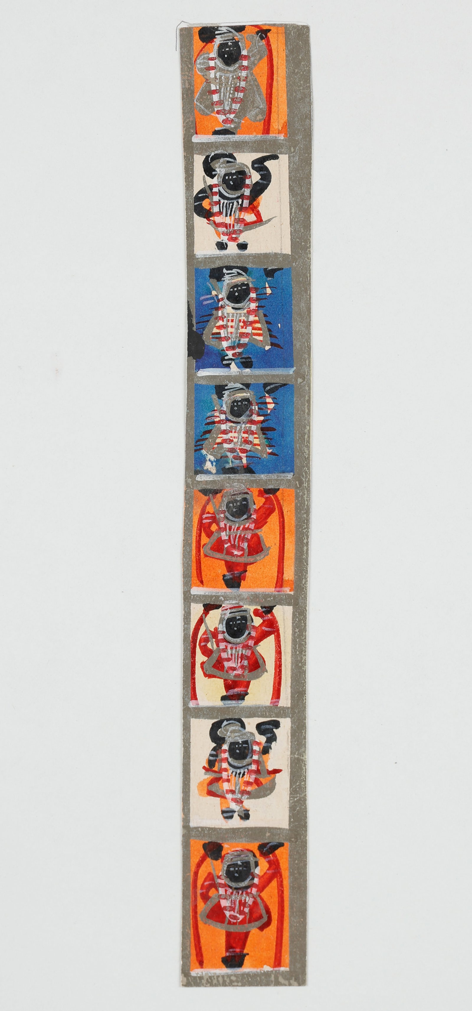 Indian Folk Narrative Strip Painting, Deity Processional Sequence, Late 19th C.: Indian Folk Narrative Strip Painting, Deity Processional Sequence, late 19th C. Size: 8.5'' x 1.25'', 22 x 3 cm (sheet); 12'' x 9'', 30 x 23 cm (mat). A Indian folk narrative strip painting depicting 