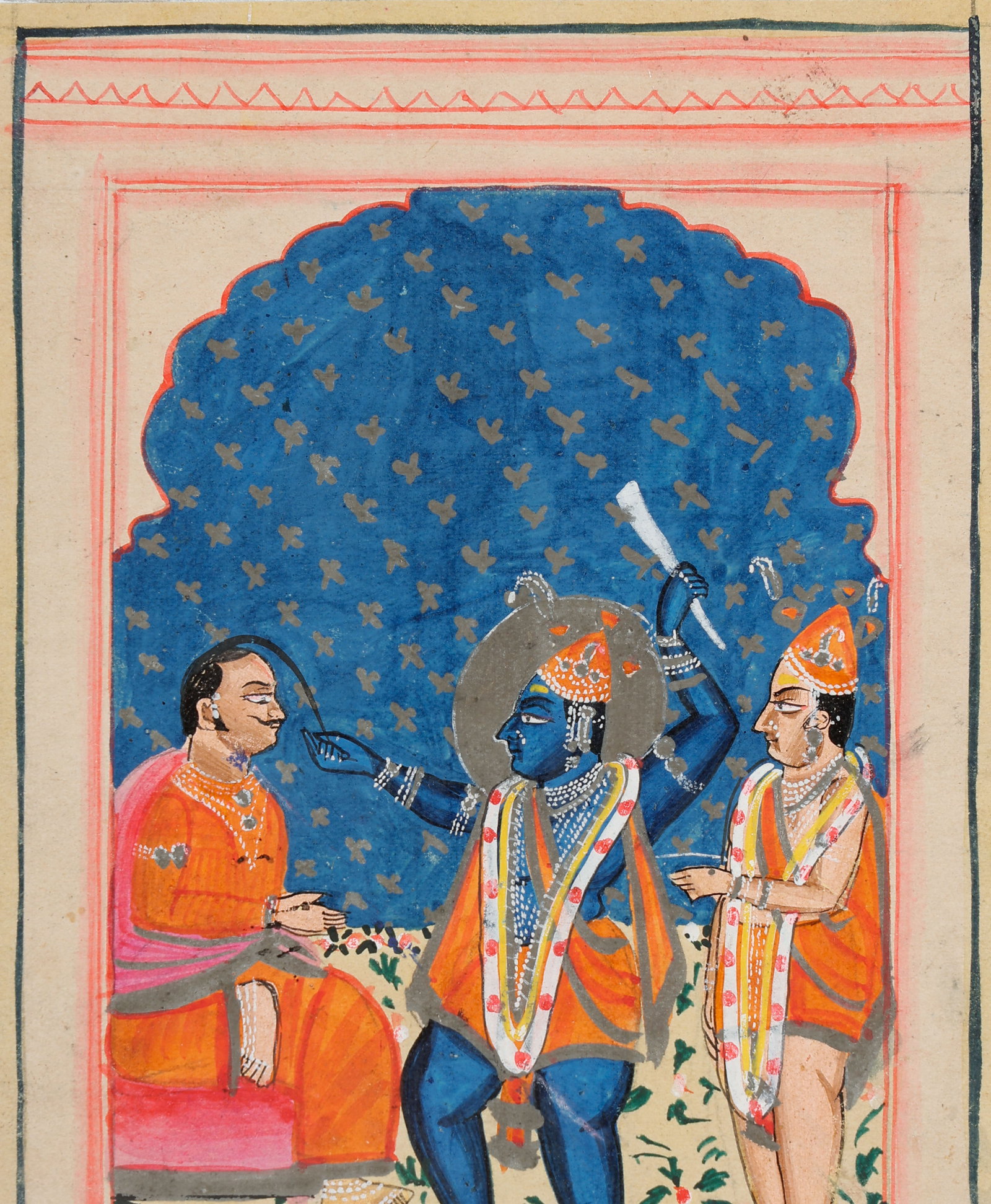 Indian Miniature Painting, Vishnu As Trivikrama Vamana And King Bali, Rajasthan, Late 19th- Early: Indian Miniature Painting, Vishnu As Trivikrama Vamana And King Bali, Rajasthan, Late 19th- Early 20th C. Size: 4.5'' x 3.75'', 11 x 10 cm (sheet); 10'' x 8'', 25 x 20 cm (mat). A Indian miniature pai