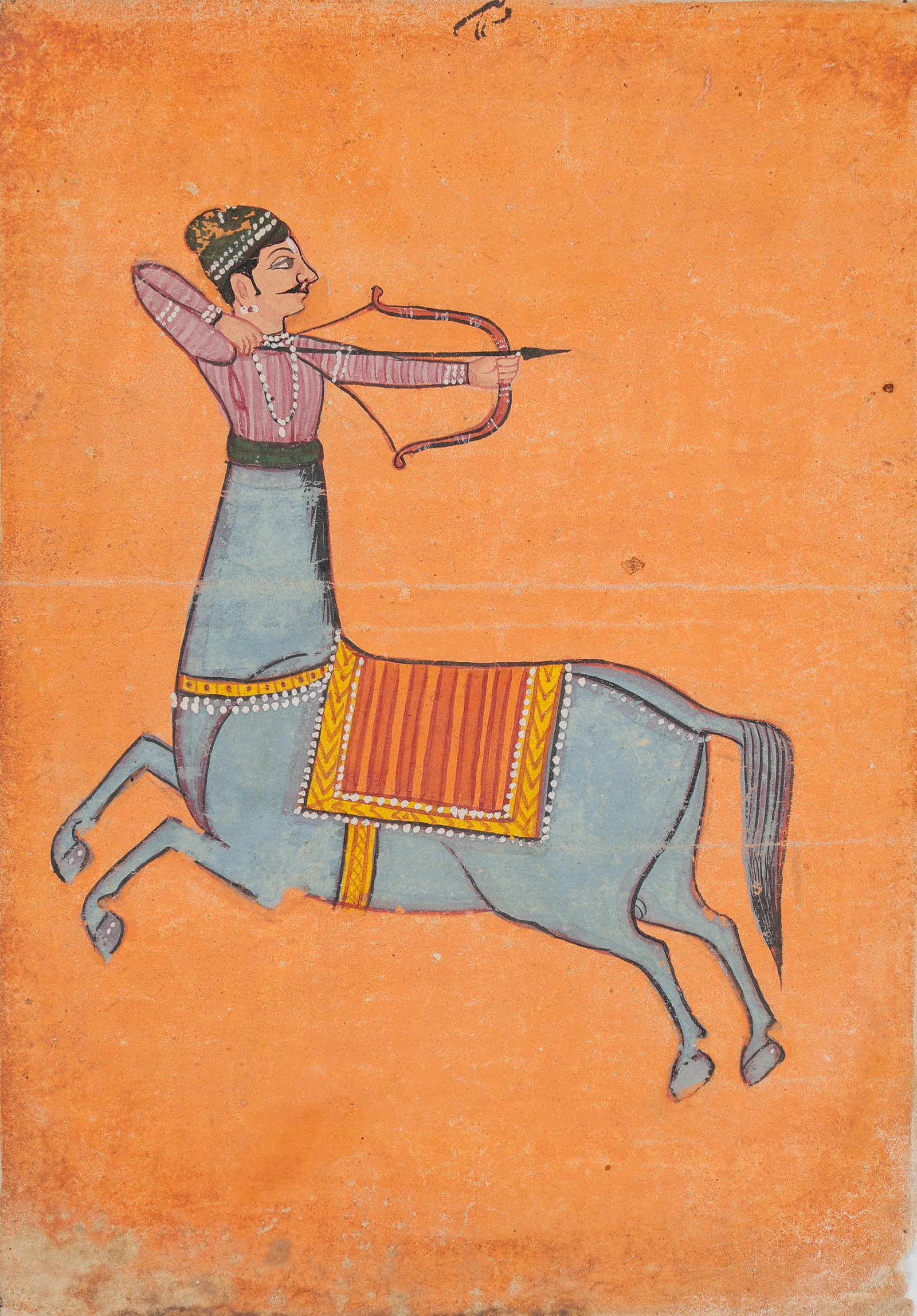Rajasthani Zodiac Folio Of A Centaur Archer (Dhanus), Western India, Probably Marwar Workshop, Late: Rajasthani Zodiac Folio Of A Centaur Archer (Dhanus), Western India, Probably Marwar Workshop, Late 18th/Early 19th C. Size: 6.75'' x 5'', 17 x 13 cm (sheet); 12'' x 9'', 30 x 23 cm (mat). Possibly zo