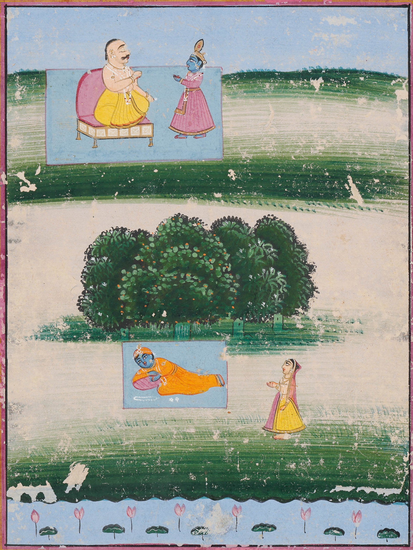 Indian Miniature Painting Of Krishna With Devotee, Jaipur School, Late 18th/Early 19th C.: Indian Miniature Painting Of Krishna With Devotee, Jaipur School, Late 18th/Early 19th C. Size: 9'' x 7'', 23 x 18 cm (sheet); 14'' x 11'', 36 x 28 cm (mat). A Indian miniature painting depicting Kris