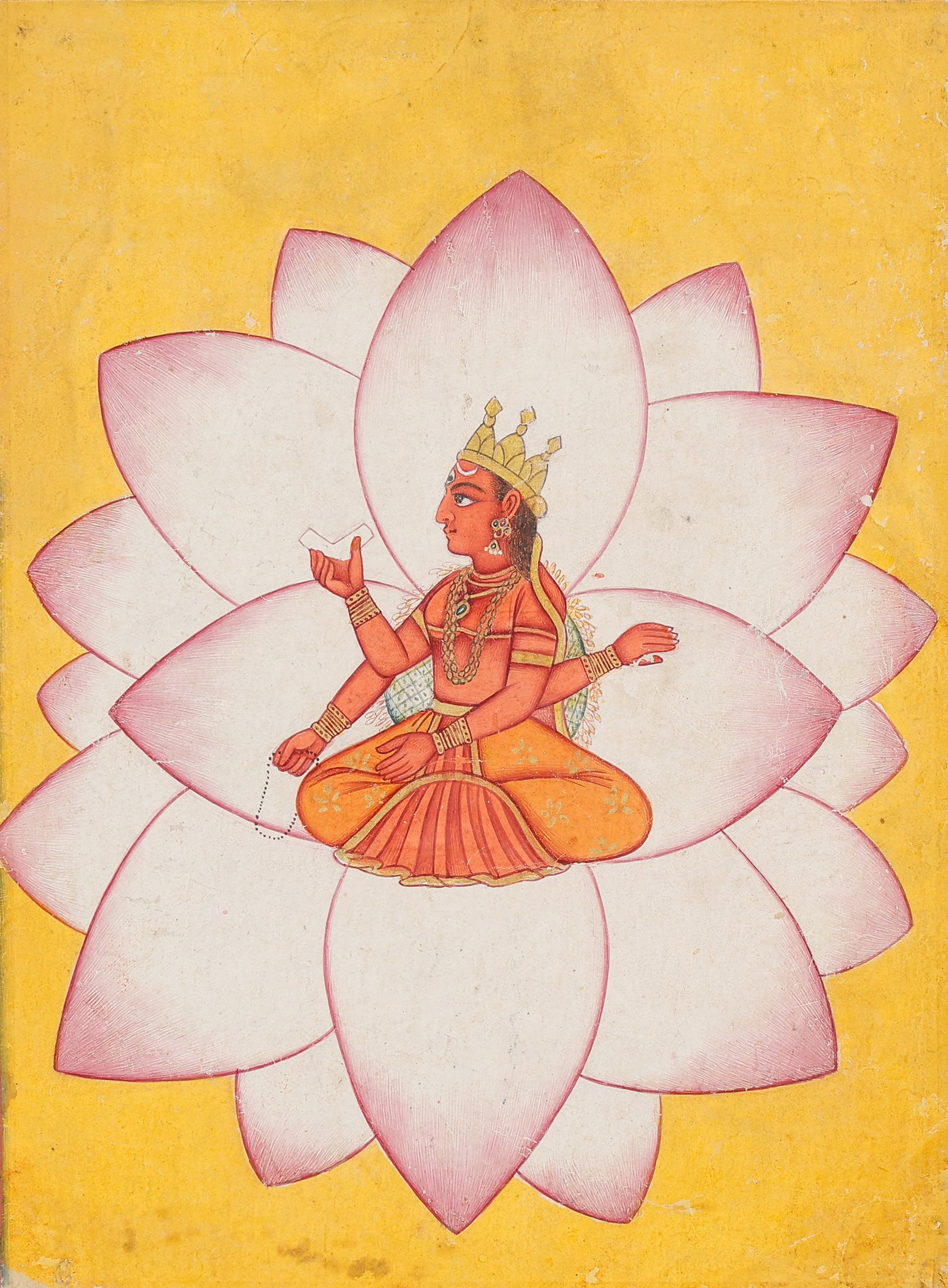 Indian Rajasthani Miniature Painting Of Four-Armed Deity On Lotus, Jaipur School, Late 19th/Early: Indian Rajasthani Miniature Painting Of Four-Armed Deity On Lotus, Jaipur School, Late 19th/Early 20th C. Size: 9.5'' x 7.5'', 24 x 19 cm (sheet); 14'' x 11'', 36 x 28 cm (mat). Opaque watercolor on p