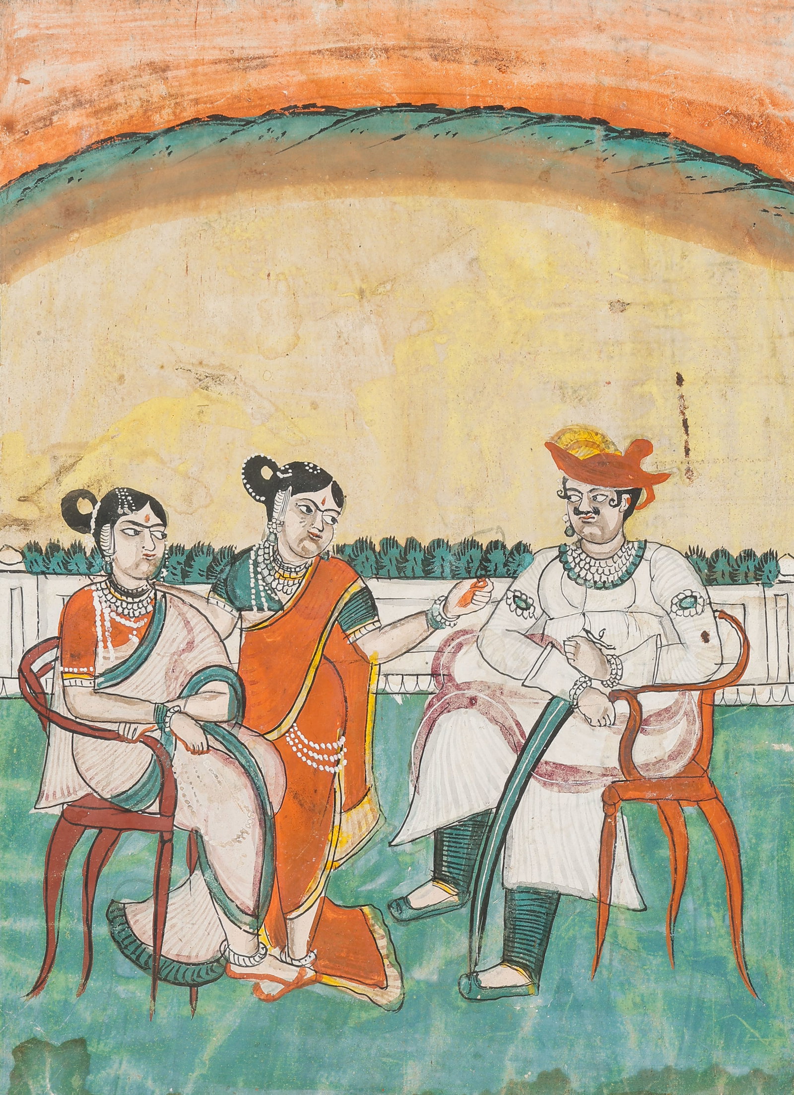 Indian Miniature Painting Courtly Terrace Scene, 20th C.: Indian Miniature Painting Courtly Terrace Scene, 20th C. Size: 12'' x 9.25'', 30 x 23 cm (sheet); 17'' x 14'', 43 x 36 cm (mat). Indian miniature painting depicting a courtly terrace scene with three 