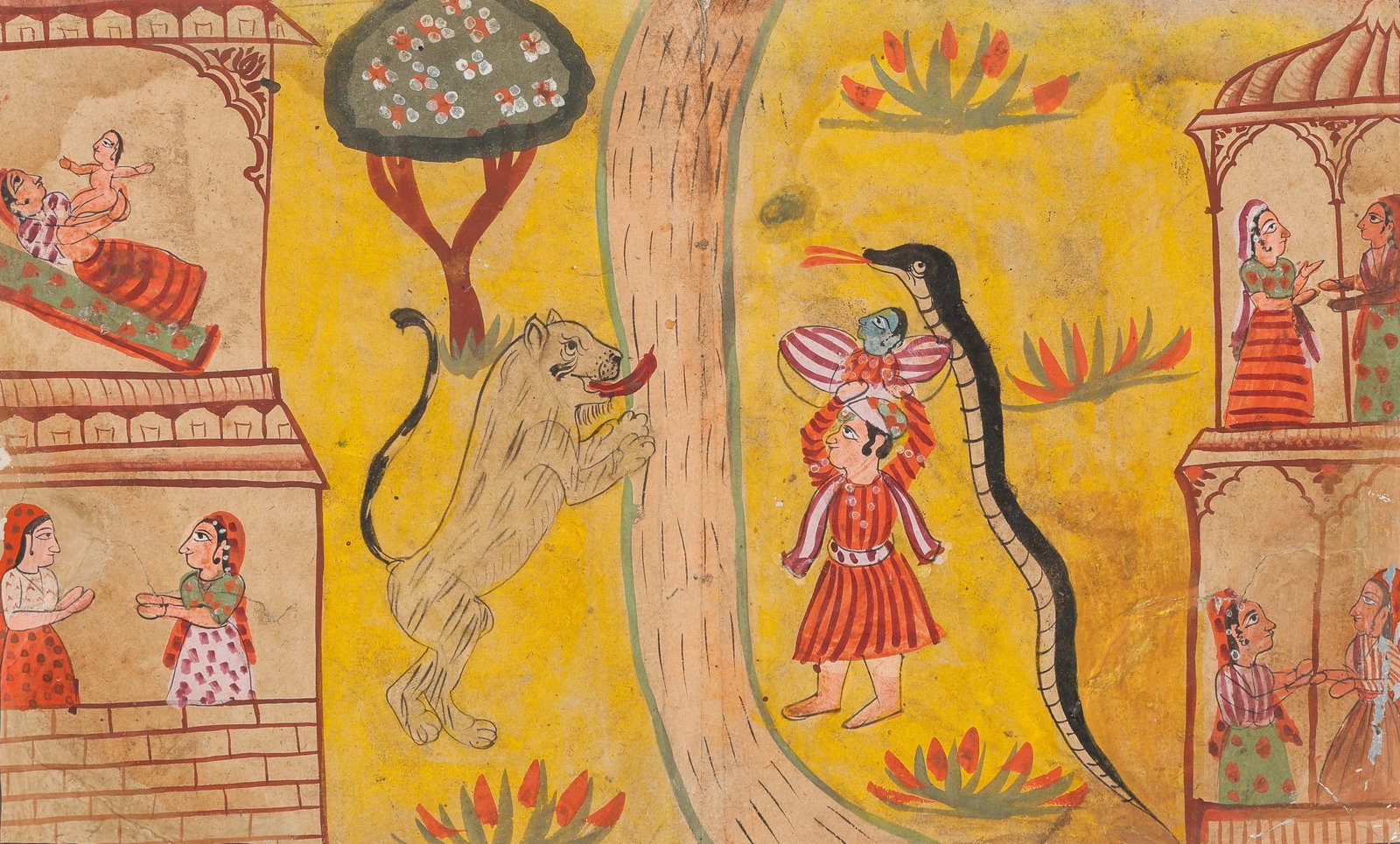 Indian Folk Painting, Mythological Scene, Lion And Serpent Narrative, Rajasthan Style, 19th C.: Indian Folk Painting, Mythological Scene, Lion And Serpent Narrative, Rajasthan Style, 19th C. Size: 8.25'' x 12.75'', 21 x 32 cm (sheet); 14'' x 17'', 36 x 43 cm (mat). Executed in opaque watercolor 