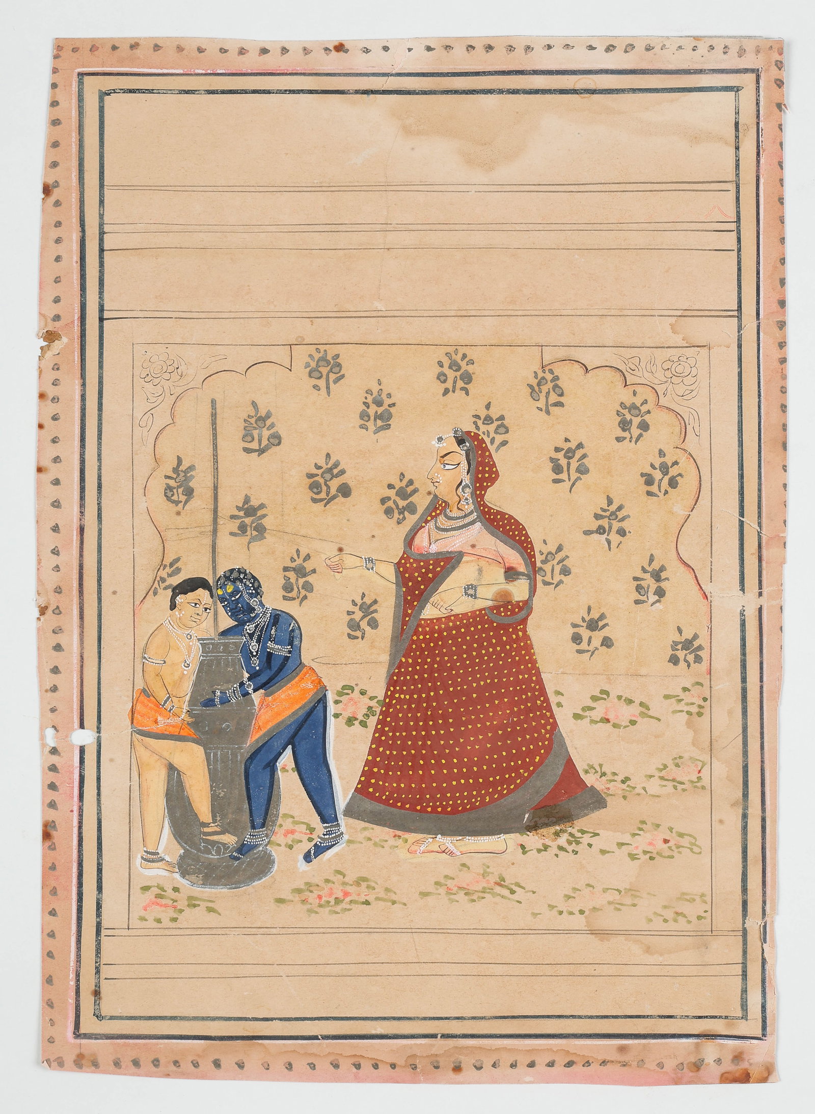 Indian Miniature Painting, Krishna Stealing Butter, Rajput School, 20th C.: Indian Miniature Painting, Krishna Stealing Butter, Makhan Chor Yashoda, Rajput School, 20th C. Size: 13'' x 9'', 33 x 23 cm (sheet); 17'' x 14'', 43 x 36 cm (mat). Northern Indian miniature painting 