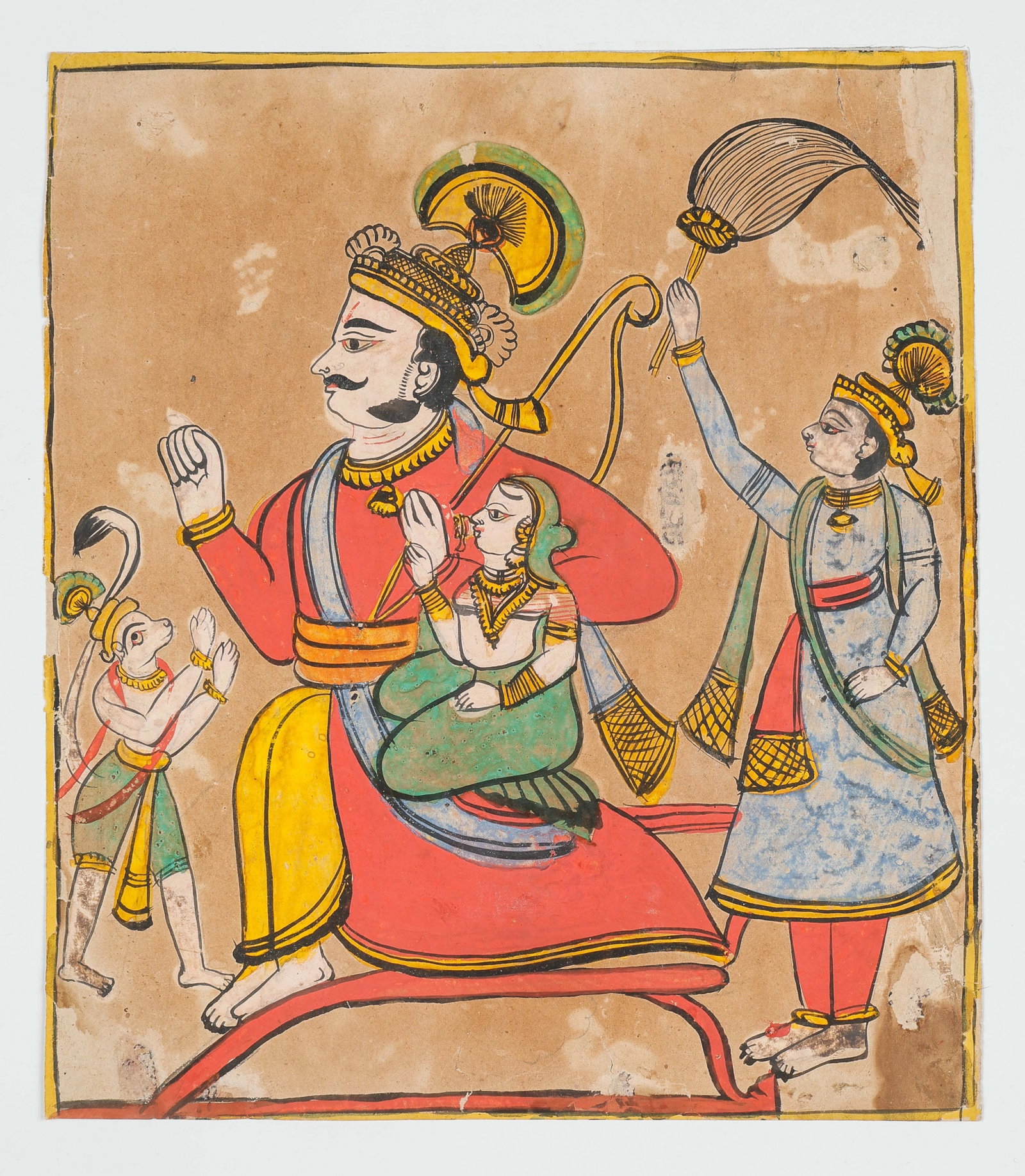 Indian Miniature Painting, Courtly Scene With Attendants, Late 18th/Early 19th C.: Indian Miniature Painting, Courtly Scene With Attendants, Manuscript Verso, Late 18th/Early 19th C. Size: 10.5'' x 9.25'', 27 x 23 cm (sheet); 17'' x 14'', 43 x 36 cm (mat). A Indian miniature paintin