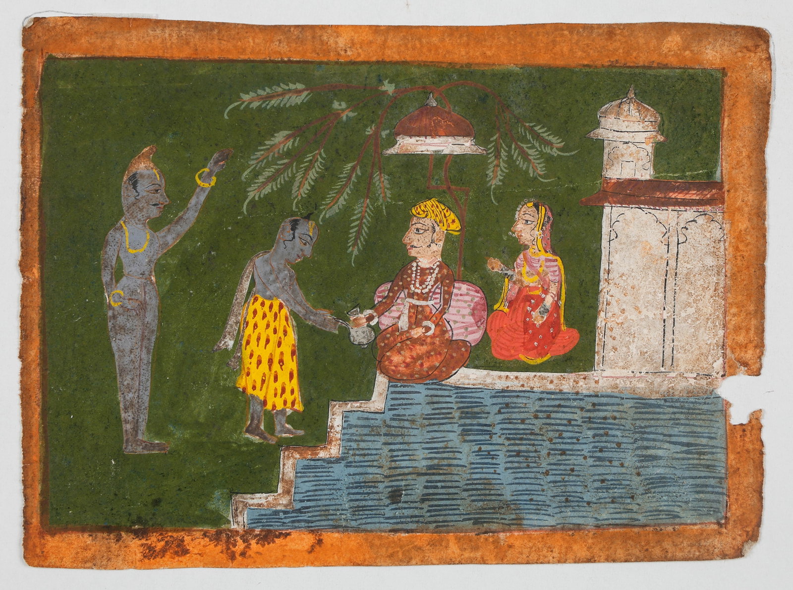 Malwa School Miniature Painting Of Courtly Terrace Scene, Early 19th C.: Malwa School Miniature Painting Of Courtly Terrace Scene, Early 19th C. Size: 3.75'' x 5.25'', 10 x 13 cm (sheet); 8'' x 10'', 20 x 25 cm (mat). Opaque watercolor and ink on paper depicting a courtly 