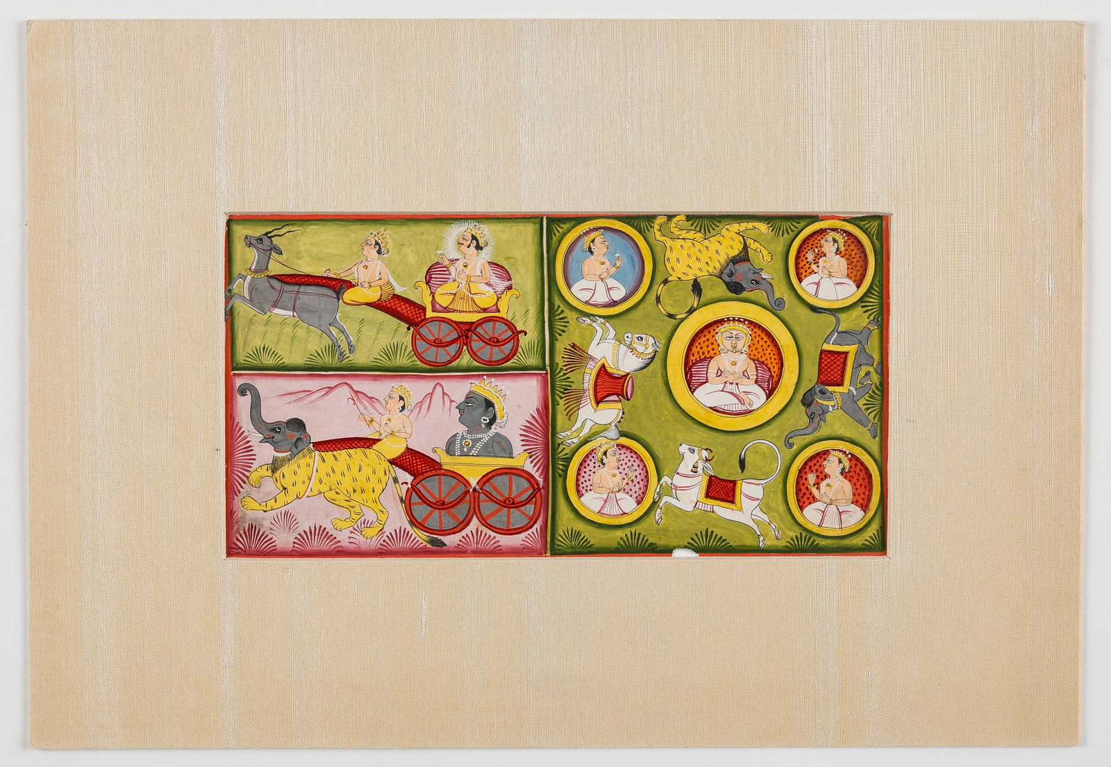 Jain Devotional Miniature Cosmological Painting, Late 19th-Early 20th C.: Jain Devotional Miniature Cosmological Painting, Late 19th-Early 20th C. Opaque watercolor on paper. Size: 4.5'' x 9.75'', 11 x 25 cm (sheet); 9'' x 13'', 23 x 33 cm (mat). Likely depicting celestial 