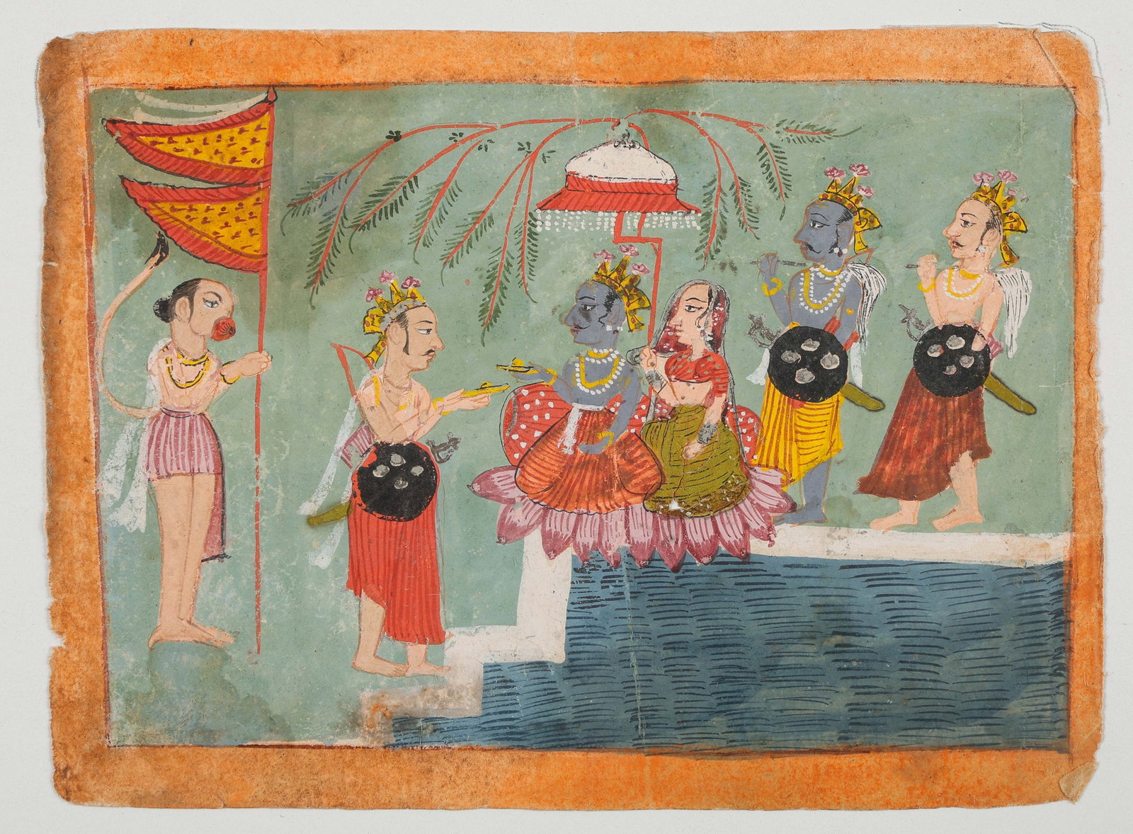 Indian Miniature Painting Of Vishnu And Lakshmi On Lotus Throne, Rajasthan School, Late 18th-Early: Indian Miniature Painting Of Vishnu And Lakshmi On Lotus Throne, Rajasthan School, Late 18th-Early 19th C. Size: 4.75'' x 5.25'', 12 x 13 cm (sheet); 8'' x 10'', 20 x 25 cm (mat). Antique Indian minia