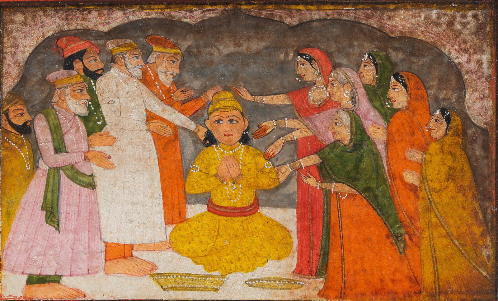Rajput Miniature Painting Of A Court Blessing Ceremony, Jaipur School, C.1830-1870: Rajput Miniature Painting Of A Court Blessing Ceremony, Jaipur School, C.1830-1870. Size: 4.25'' x 5.75'', 11 x 15 cm (sheet); 8'' x 10'', 20 x 25 cm (mat). North Indian miniature painting depicting a