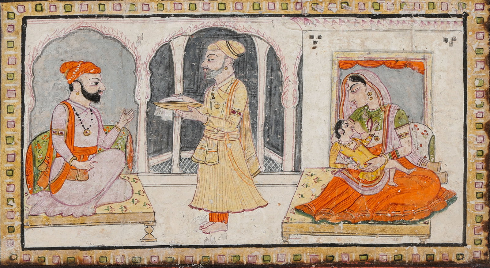Indian Miniature Painting Of Courtly Interior Scene, Rajput/Pahari School, Late 18th-Early 19th C.: Indian Miniature Painting Of Courtly Interior Scene, Rajput/Pahari School, Late 18th-Early 19th C. Size: 4.25'' x 6.75'', 11 x 17 cm (sheet); 7.75'' x 9.75'', 20 x 25 cm (mat). A Indian miniature pain