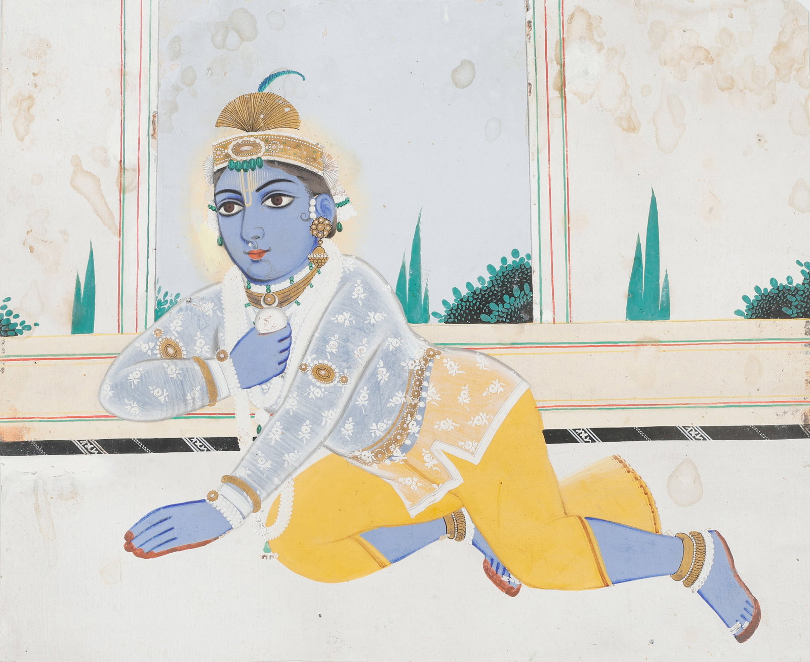 Nathdwara School Miniature Painting of Balakrishna, Late 19th-Early 20th C.: Nathdwara School Miniature Painting of Balakrishna Crawling, Late 19th-Early 20th C. Size: 10.5'' x 12.75'', 27 x 32 cm (sheet); 14'' x 17'', 36 x 43 cm (mat). . Executed in opaque watercolor on paper