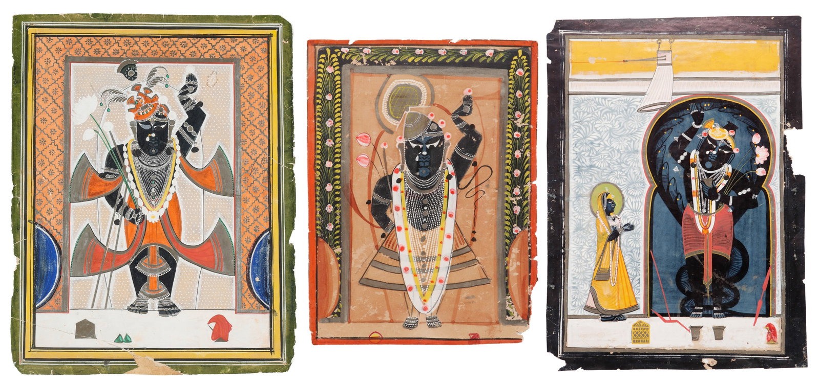3 Nathdwara School Devotional Miniature Paintings Of Shrinathji (Krishna), Late 19th C. to Early (1 of 7)