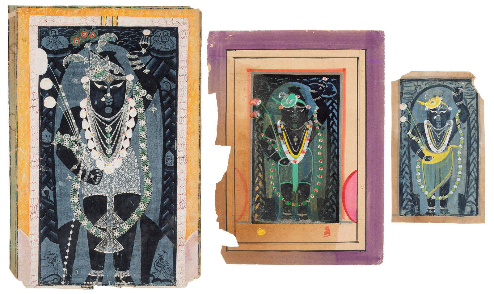 3 Indian Devotional Paintings of Shrinathji / Krishna, Nathdwara School, Late 19th- Early 20th C.: 3 Indian Devotional Paintings of Shrinathji / Krishna, Nathdwara School, Late 19th- Early 20th C. Opaque watercolor heightened with white and colored pigments on paper. Size: from 9.25'' x 5.75'', 23 