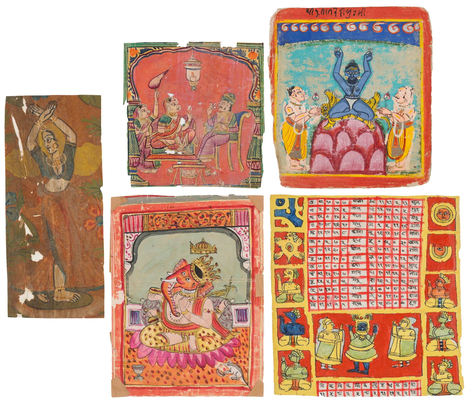 5 Indian Miniature Folk Paintings, Various Regions, 19th Century And Earlier: 5 Indian Miniature Folk Paintings, Various Regions, 19th Century And Earlier. Opaque watercolor on paper. Size: from 6.5'' x 6.25'', 17 x 16 cm (sheet) to 10'' x 4.25'', 25 x 11 cm (sheet). Including 