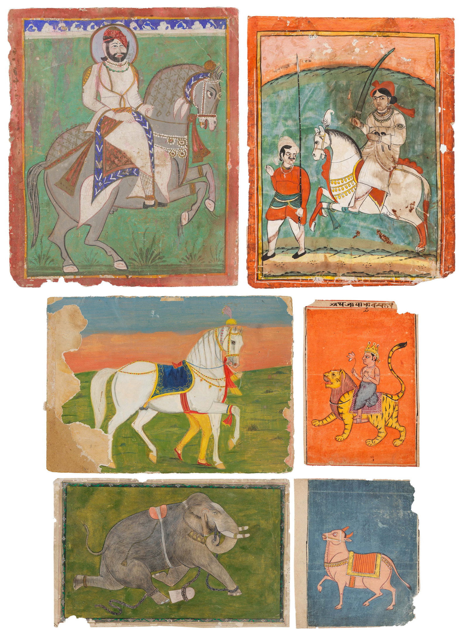 6 Indian Miniature Folk Paintings, C. Late 18th - Late 19th C.: 6 Indian Miniature Folk Paintings, C. Late 18th - Late 19th C. Opaque watercolor and ink on paper. Size: from 6.25'' x 5.25'', 16 x 13 cm (sheet) to 11.5'' x 9.25'', 29 x 23 cm (sheet). Some with vers