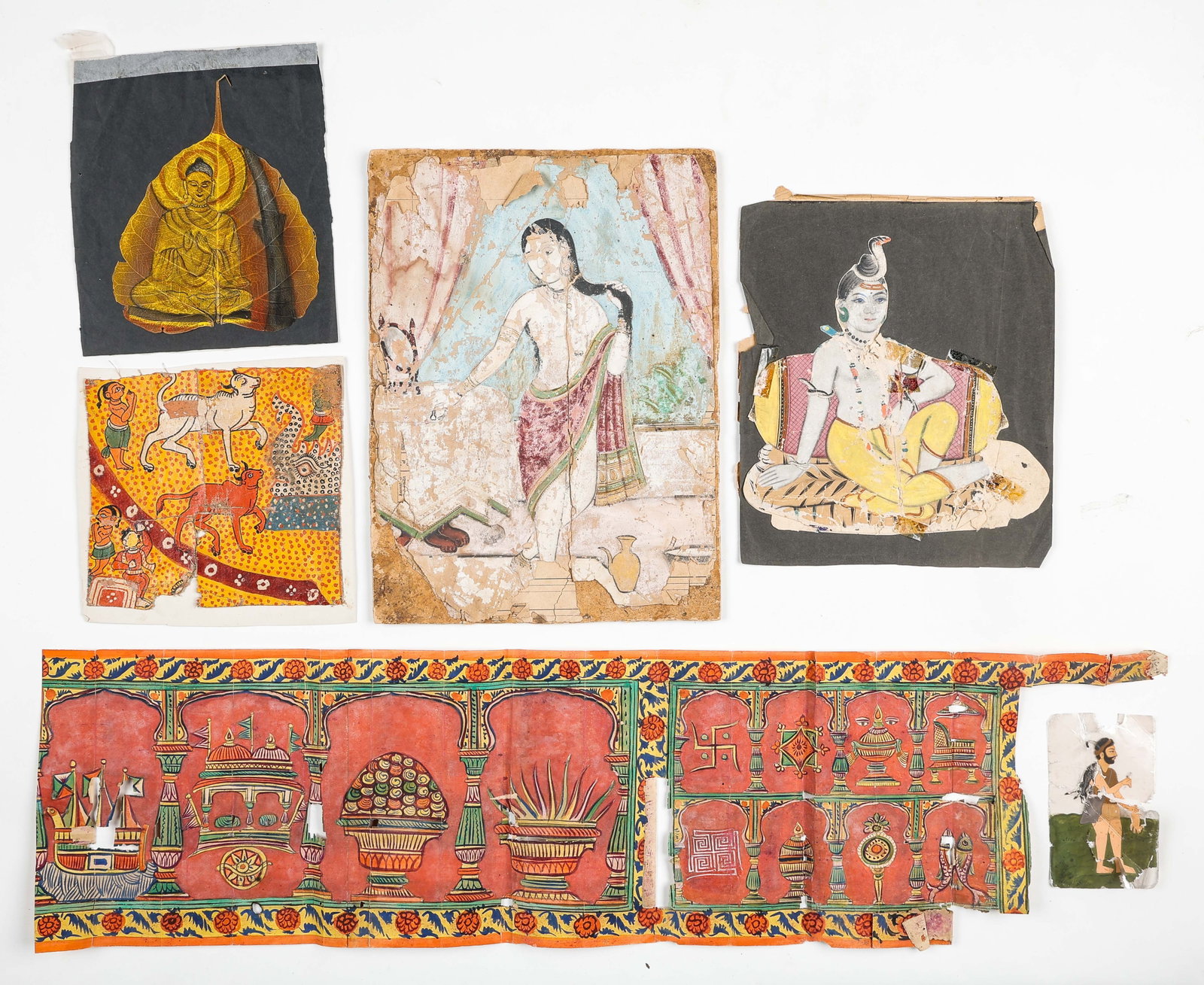 Study Collection Of 6 Indian And Mughal Miniature Paintings And Fragments, 19th/Early 20th C.: Study Collection Of 6 Indian And Mughal Miniature Paintings And Fragments, 19th/Early 20th C. Buddha Bodhi Leaf, Krishna, Rajput & Folk Fragments. Opaque watercolor on paper. Sizes From: 5.25'' x 3.25