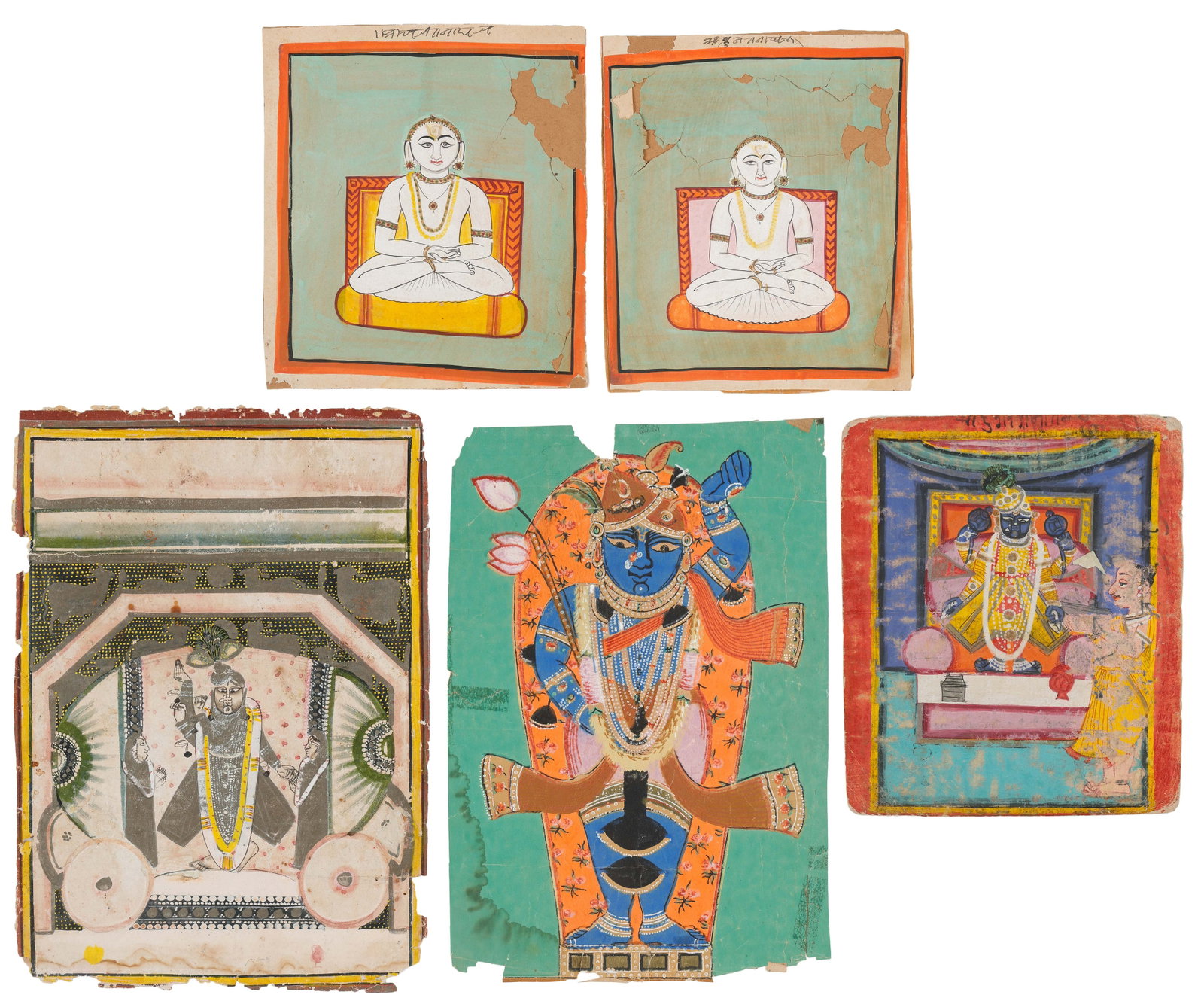 5 Indian Miniature And Devotional Paintings, Jain And Krishna Subjects, Rajasthan and Gujarat: 5 Indian Miniature And Devotional Paintings, Jain And Krishna Subjects, Rajasthan and Gujarat Regions, 19th C. Opaque watercolor and ink on paper. Size: from 7.5'' x 6.75'', 19 x 17 cm (sheet) to 12''