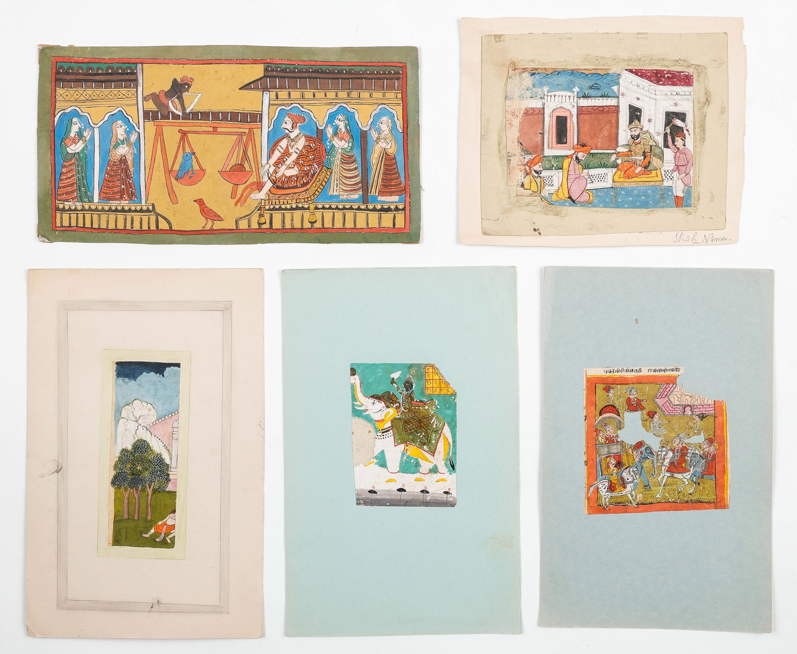5 Indian Miniature Painting Fragments, Rajasthani/ Mughal School, Late 18th-Mid 19th C.: Group Of 5 Indian Miniature Painting Fragments, Rajasthani/Mughal School, 18th/19th C. Sizes From: 6'' x 7.5'', 15 x 19 cm (sheet); 7'' x 8.5'', 18 x 22 cm (mat); To: 6'' x 11.5'', 15 x 29 cm (sheet);