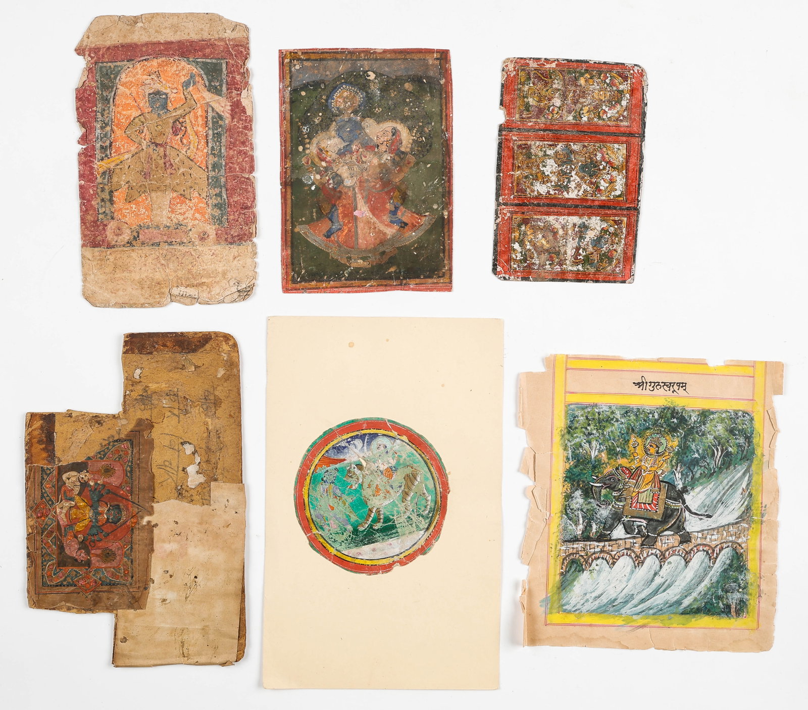 Study Collection Of 6 Indian And Mughal Miniature Paintings And Fragments, 18th/Early 20th C.: Study Collection Of 6 Indian And Mughal Miniature Paintings And Fragments, 18th/Early 20th C. Opaque watercolor on paper. Sizes From: 4.25'' x 6.5'', 11 x 17 cm (sheet); To: 4.75'' x 4.25'', 12 x 11 c
